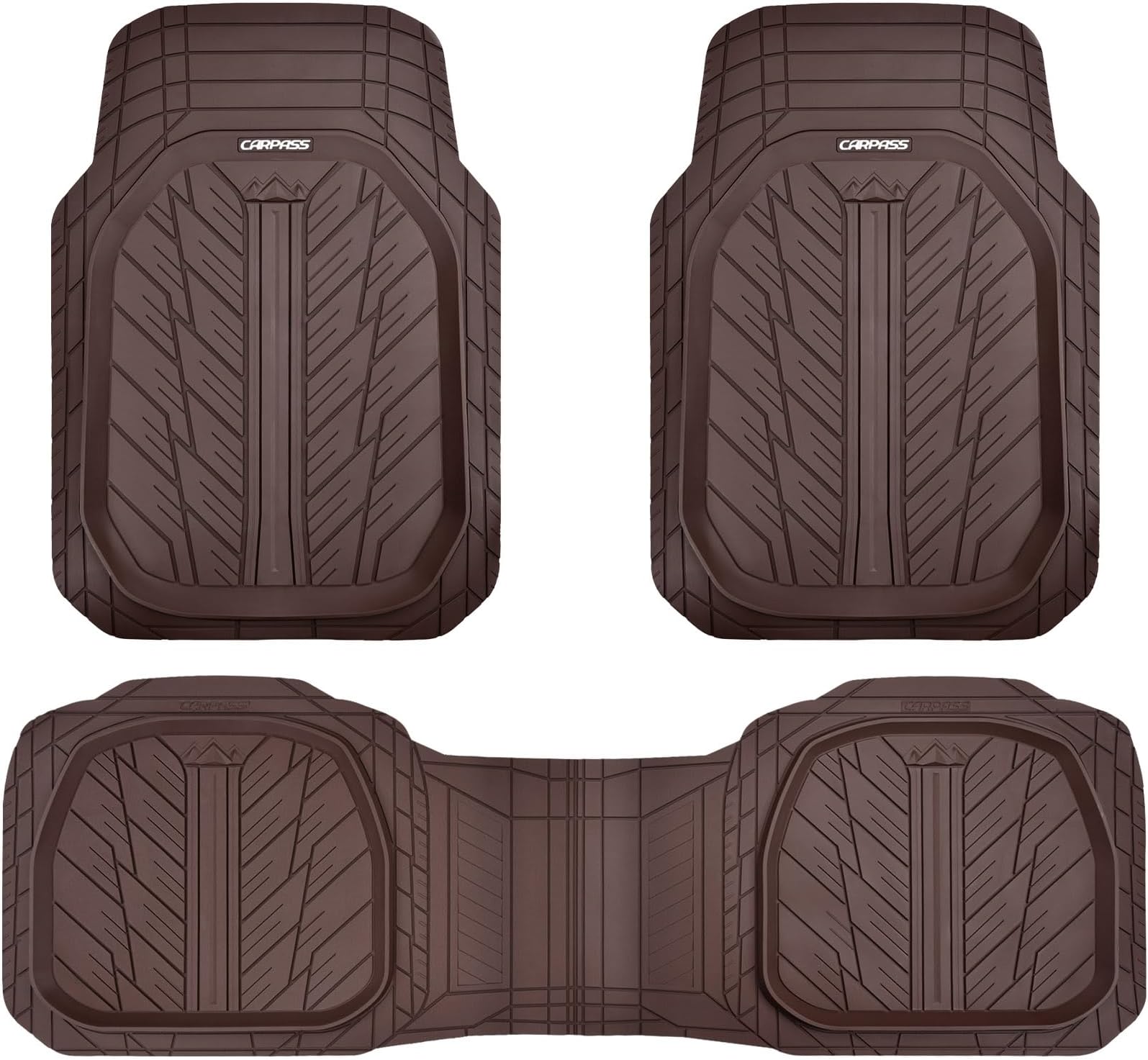DeepDish Floor Mats for Cars Full Set,Heavy Duty Rubber Car Mats 3-Piece,Universal Waterproof Trim-to Fit Automotive Floor Mats for Truck Van SUV, Durable All-Weather Car Mats(Solid Browm)
