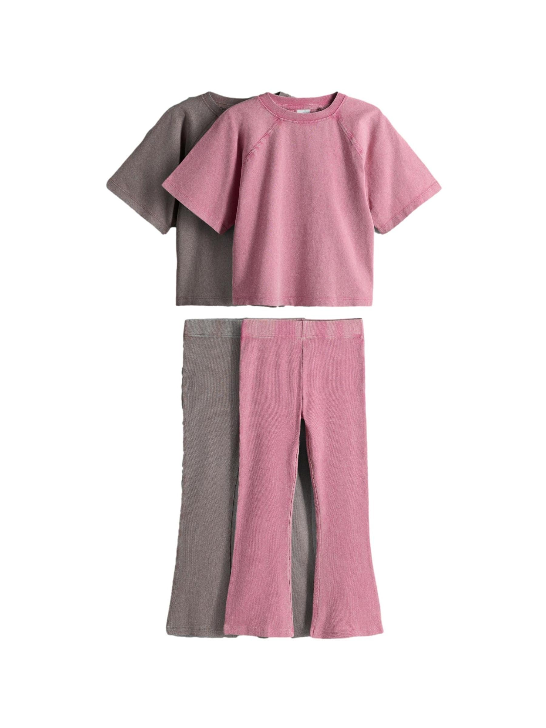 THE SET Mädchen Kurzarm-T-Shirts aus gewaschenem Jersey und ausgestellte gerippte Leggings, 2er-Pack