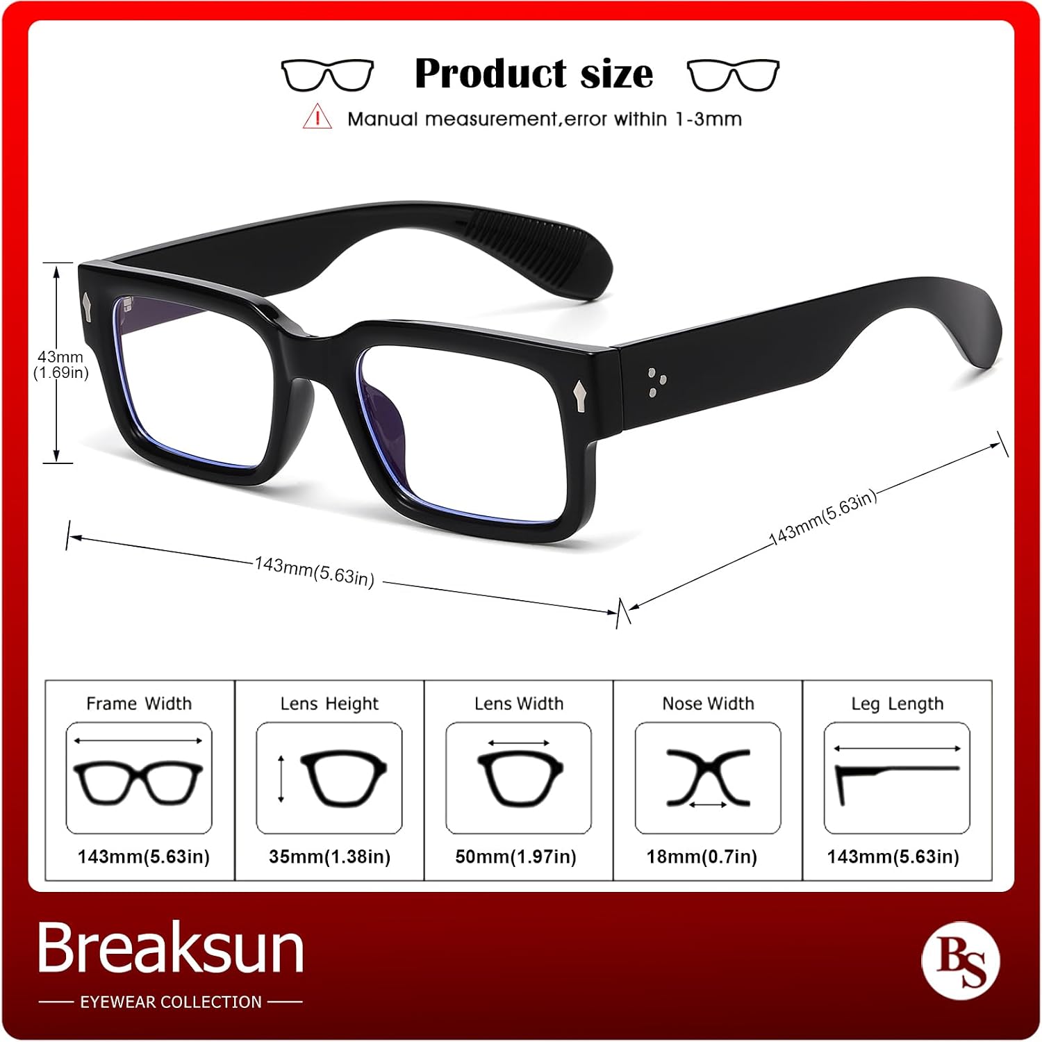 Breaksun Rectangle Glasses for Men Women Square Blue Light Glasses Thick Frame Black Eyeglasses