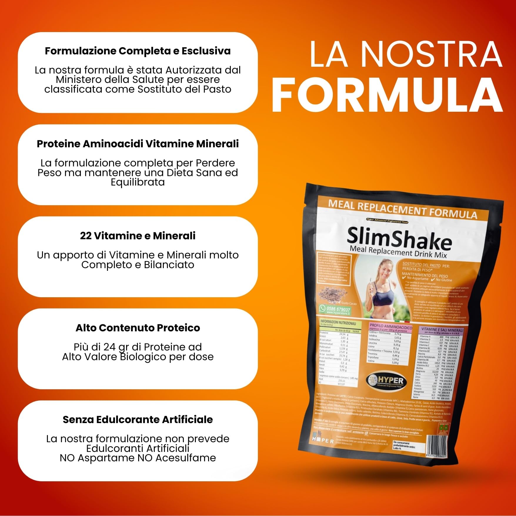 Hyper Slim Shake - Sostituto Pasto Dimagrante gr 3000 Gusto Cacao - Pasto Sostitutivo Dimagrante per Frullati e Shakes Proteici Ideale per Perdita e Controllo del Peso Forma. Made in Italy