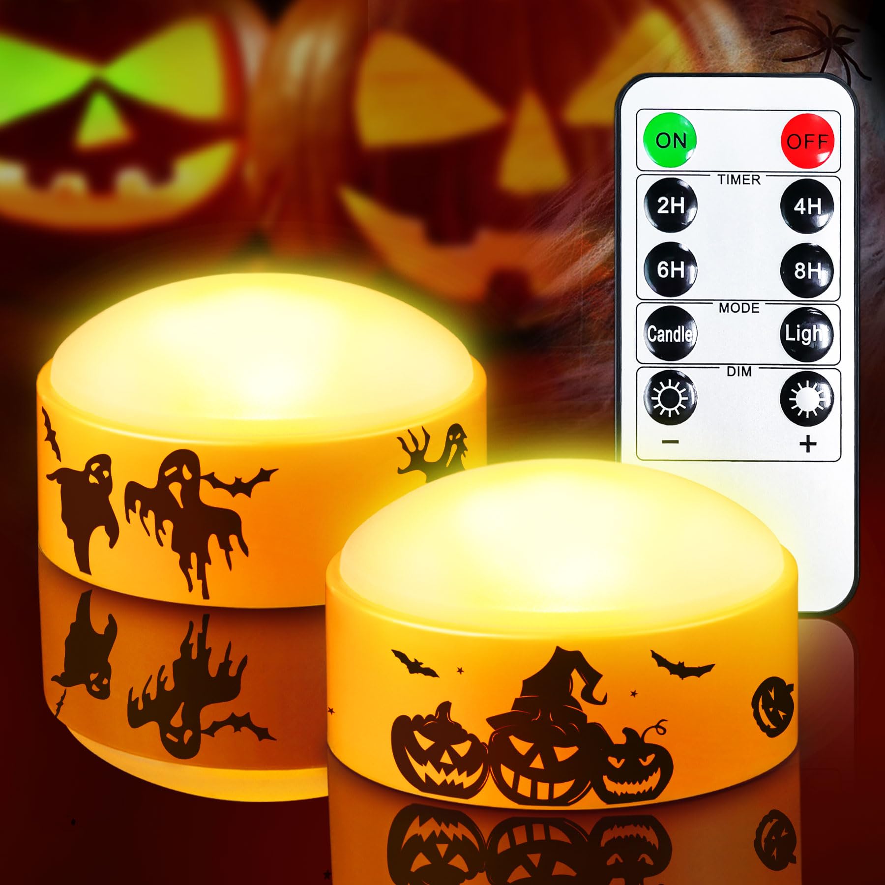 Yakpo 2 Pack LED Halloween Pumpkin Lights with Remote and Timer, Battery Operated Flameless Flickering Orange Jack-o'-Lanterns, Electric Orange Halloween Candle Light for Outdoor Pumpkins Decorations