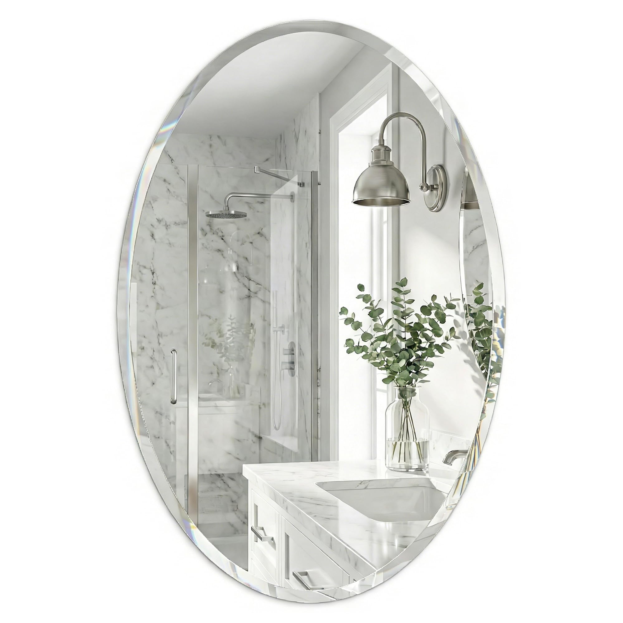 24"x36" Large Oval Bathroom Mirror for Wall, Frameless Beveled Vanity Mirror with Solid Backing, HD Glass Mirror for Double Vanity, Master Bath & Bedroom, 2-Way Hang