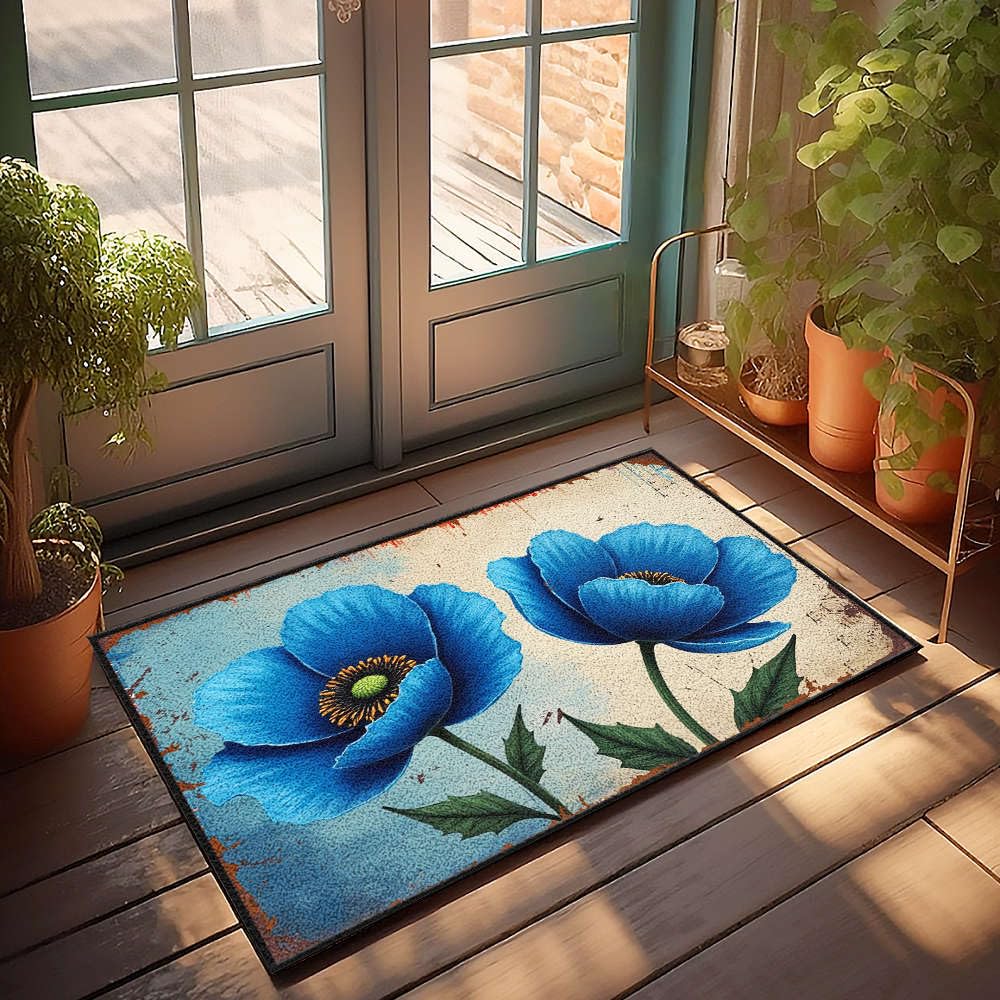 Tapis d'entrée coquelicots bleus design floral exclusif paillasson extérieur de prestige