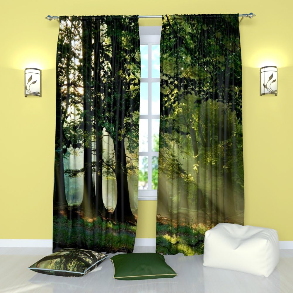 Factory4me Forest Green Curtains with Deciduous Trees Beech Sunshine Nature Landscape Summer Woodland Scene Darkening Window Set of 2 84 inches Panels for Living Room Bedroom Kitchen