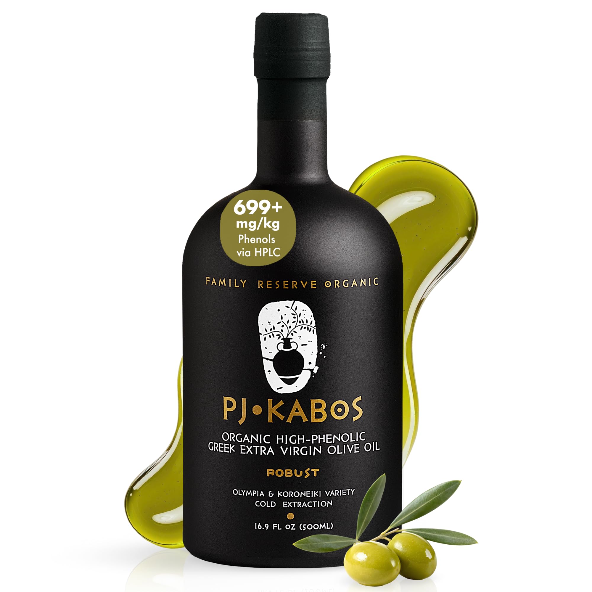 PJ KABOS Very High Phenolic (699 mg/kg), USDA Organic Greek Extra Virgin Olive Oil, Kosher, Greece, Cold Extracted, 16.9oz Bottle, Family Reserve Organic - Robust