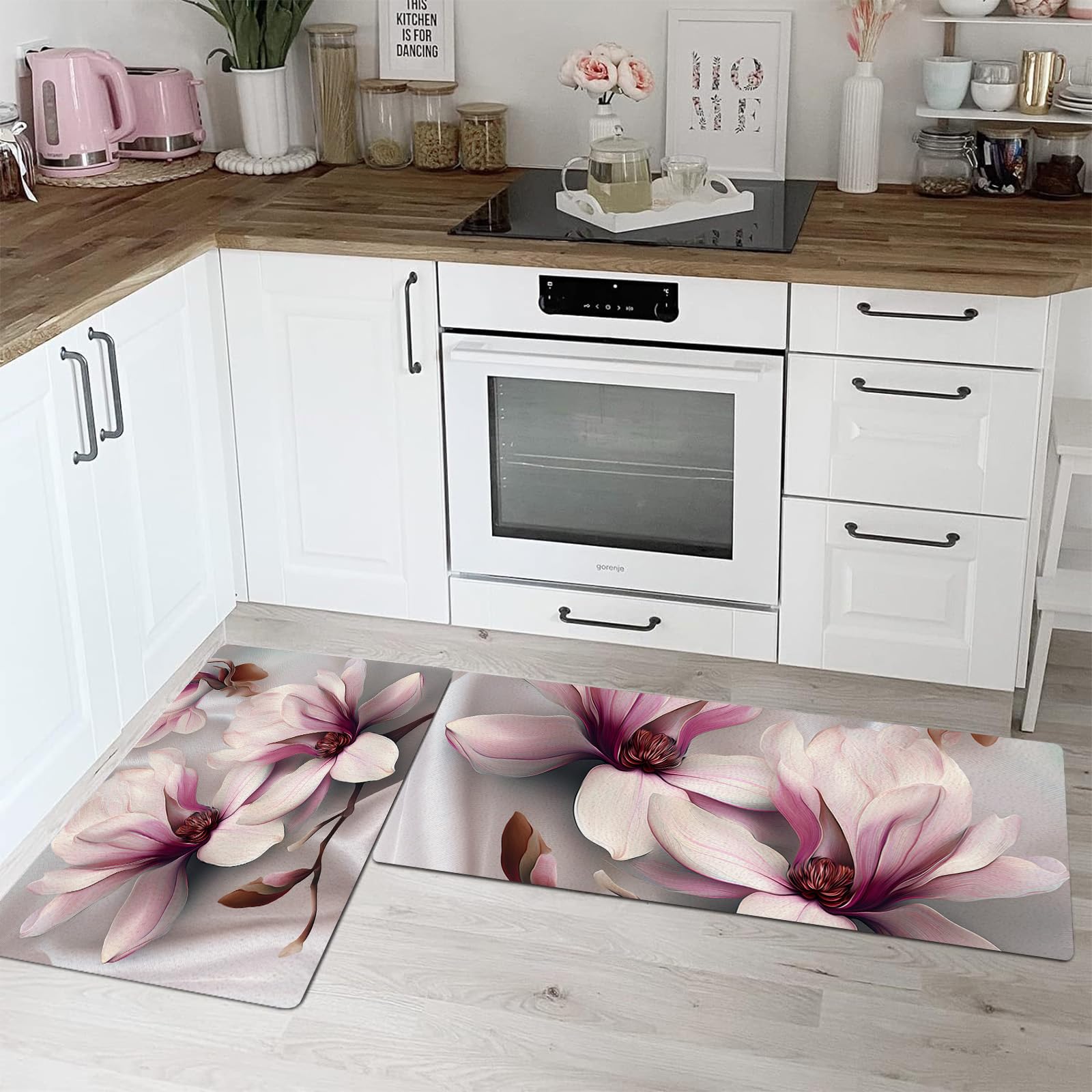 Tapis de cuisine lavable magnolia rose pour couloir et bain