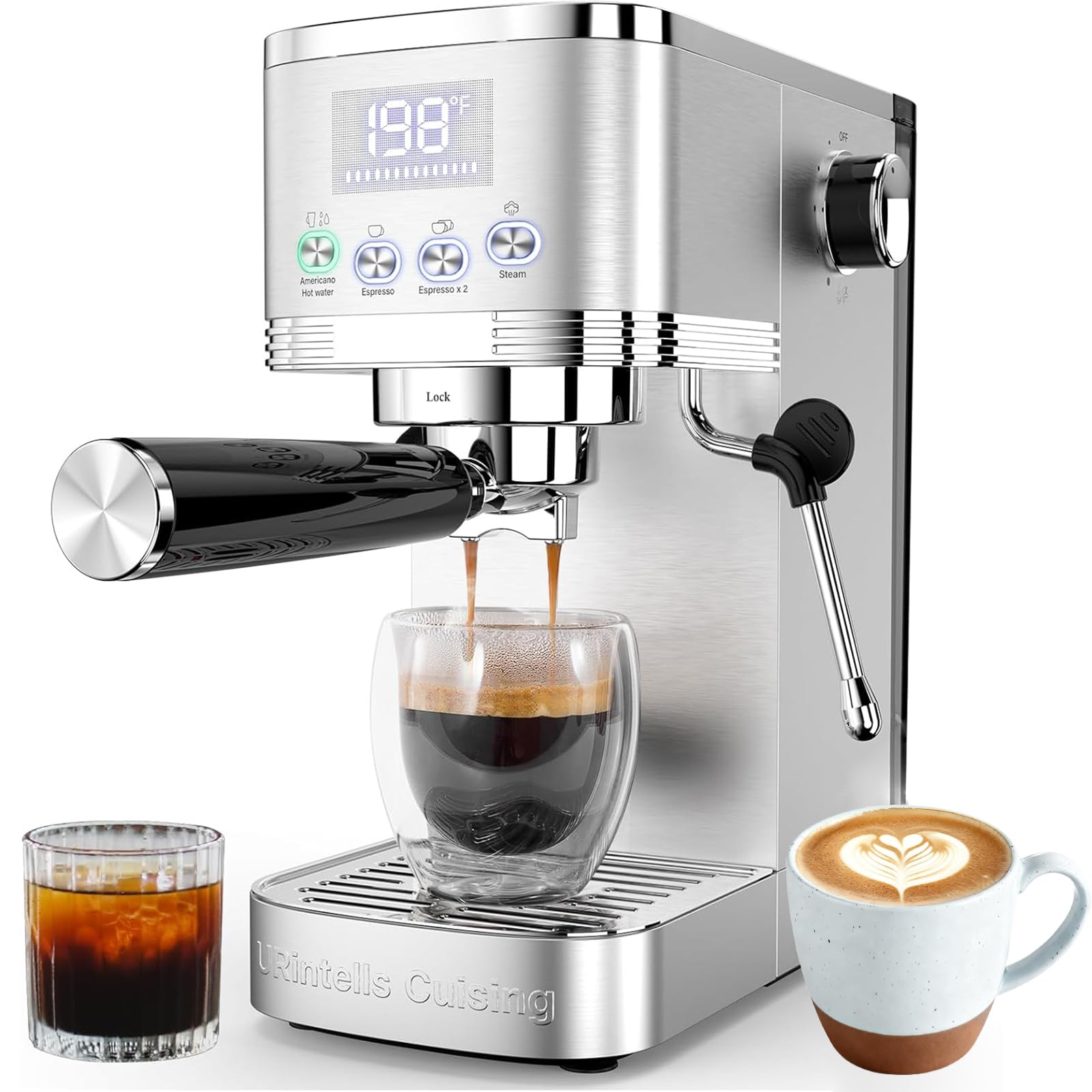 Machine à café expresso URintells 20 bars avec écran LED et mousseur à lait