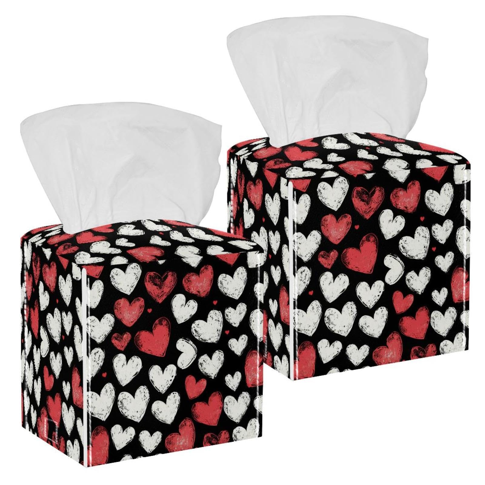Heart of Love Tissue Box Cover, 2 Pack PU Leather Square Facial Tissue Dispenser Box holder for Home Office Car