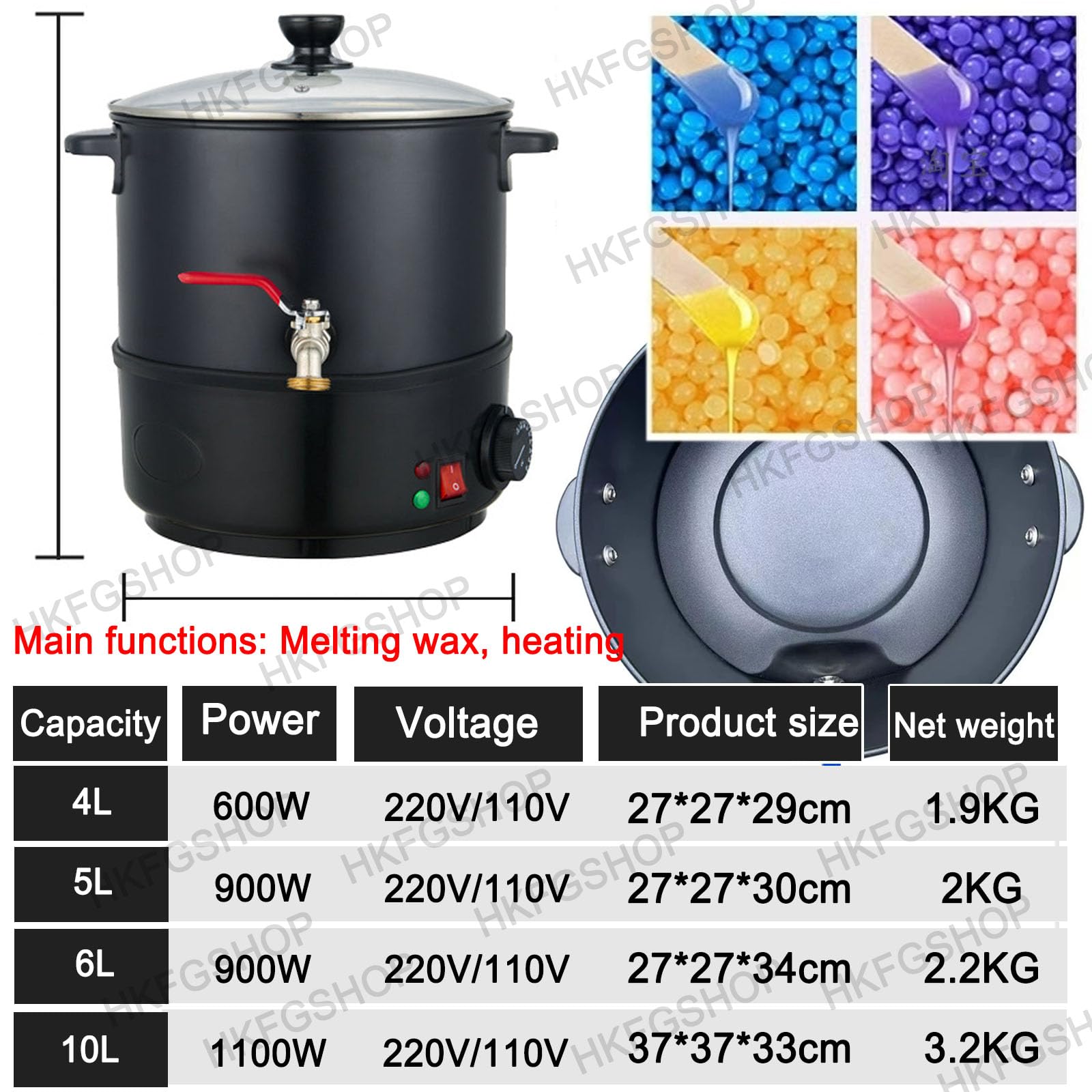 Wylewka woskowa do produkcji świec, elektryczny garnek do topienia wosku, opcjonalna pojemność 4 l/5 l/6 l/10 l, z wylewką ze stali nierdzewnej / regulatorem temperatury, do produkcji