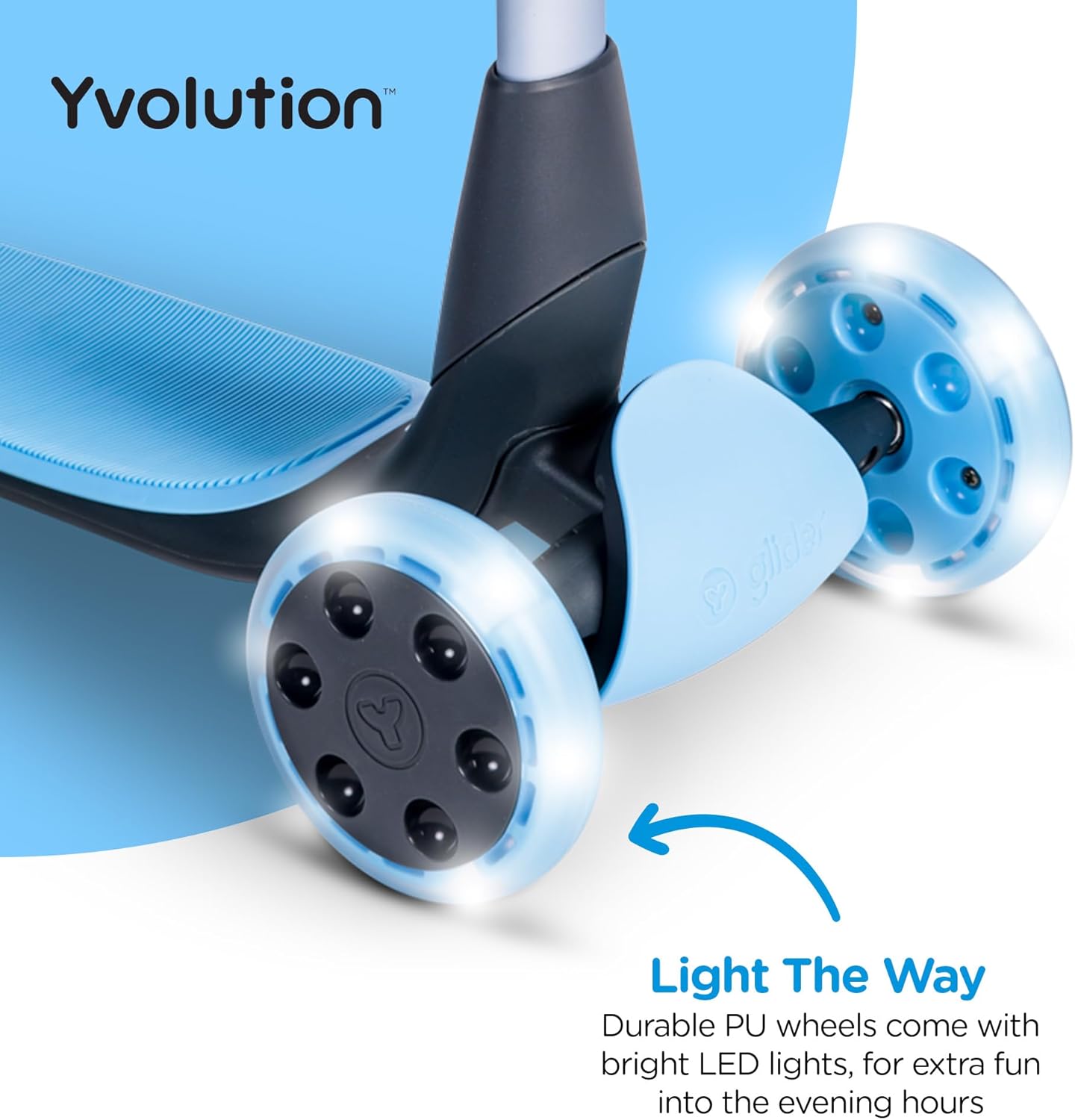 Yvolution Y Glider Nua 3-Wheel Kids Scooter – Adjustable Height, Arc-Folding Handlebar, LED Light-Up Front Wheels, Extra-Wide Deck, Ages 3-10