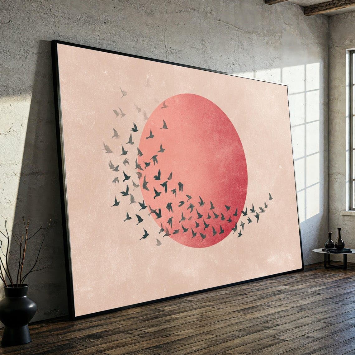 Xinbao Frameless Flying Birds Canvas Wall Art, Minimalist Circle Design, Nature Decor, Red Sun Illustration, Contemporary Wall Hanging(21X30cm/Frameless)