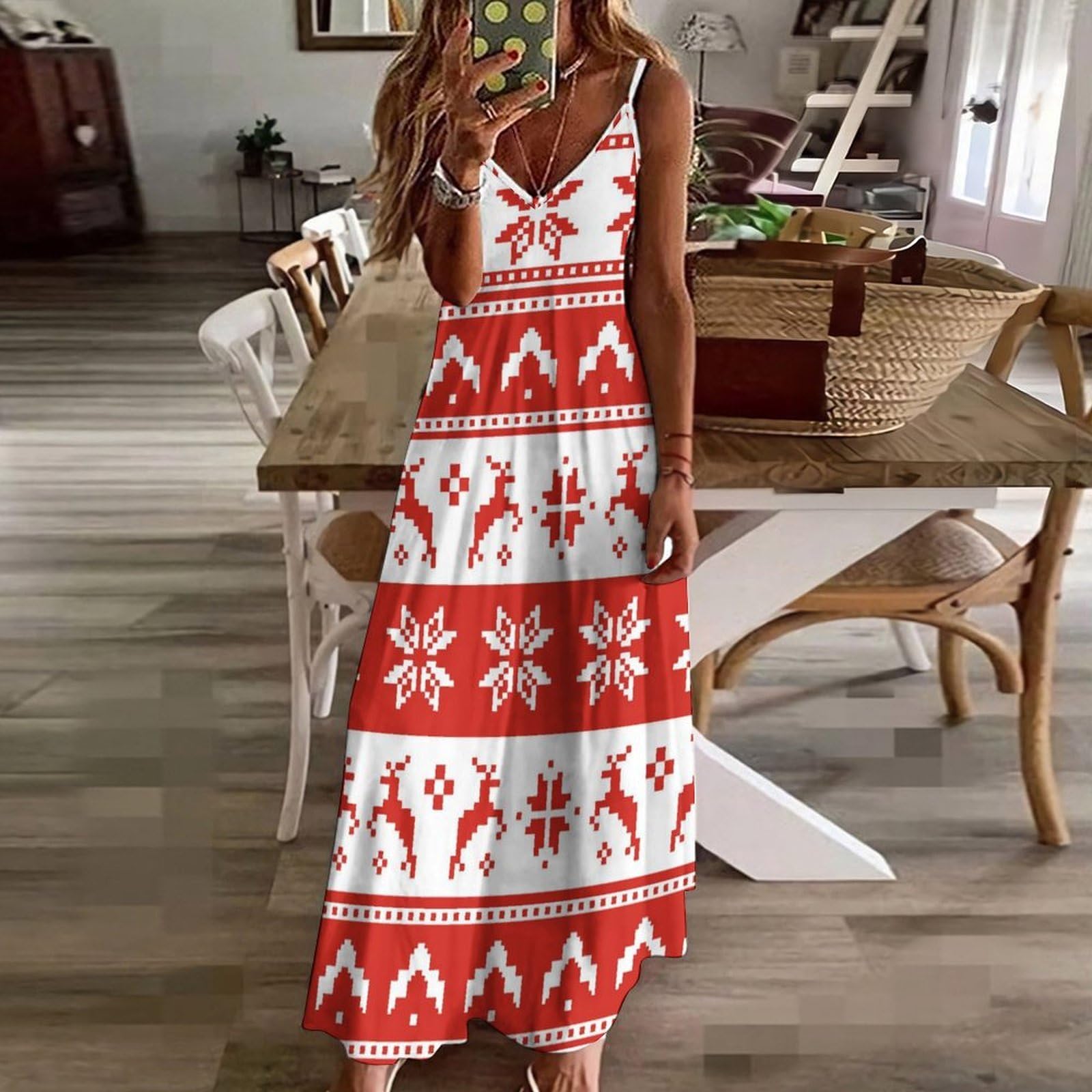 Abito estivo da donna, lungo, motivo albero di Natale, scollo a V, spalline sottili, abito da spiaggia