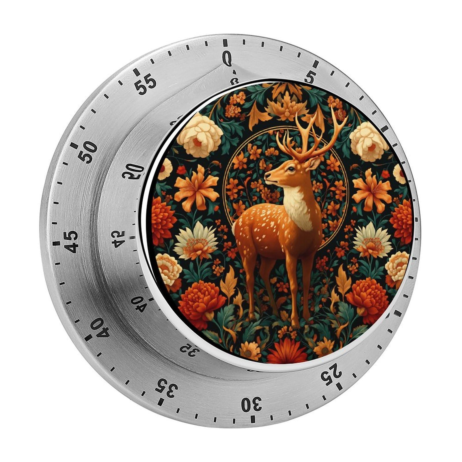 Deer Vintage Floral 60 Minute Wind Up Timer,Visual Mechanical Magnetic Timer with Loud Alarm for Kitchen