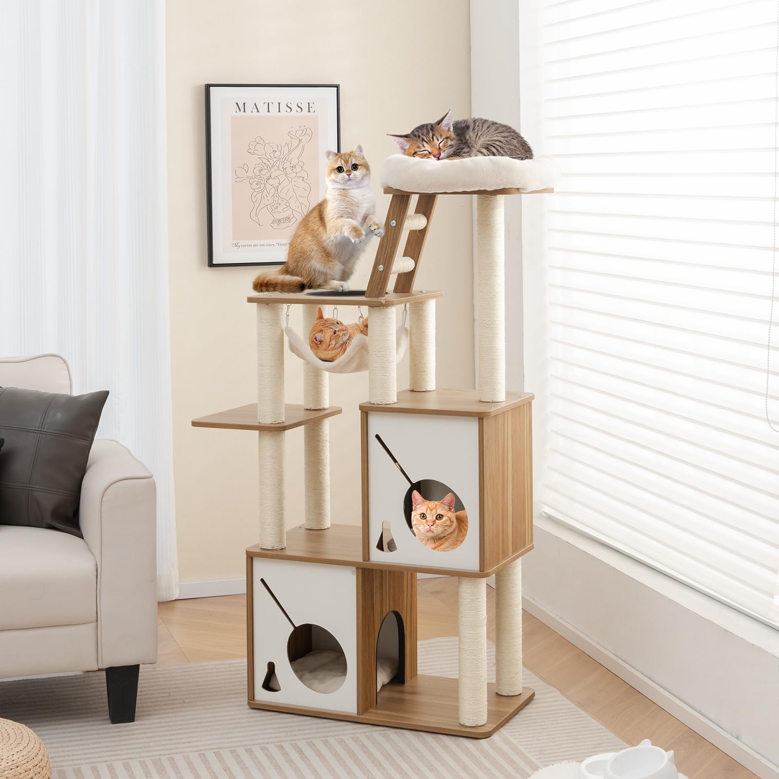 Tangkula Modern Cat Tree, 57 Inch Wood Cat Tower with Sisal Scratching Posts, Padded Top Perch, 2 Cat Condos, Hanging Hammock & Climbing Ladder, Multi-Layer Large Cat Tree Tower for Indoor Cats