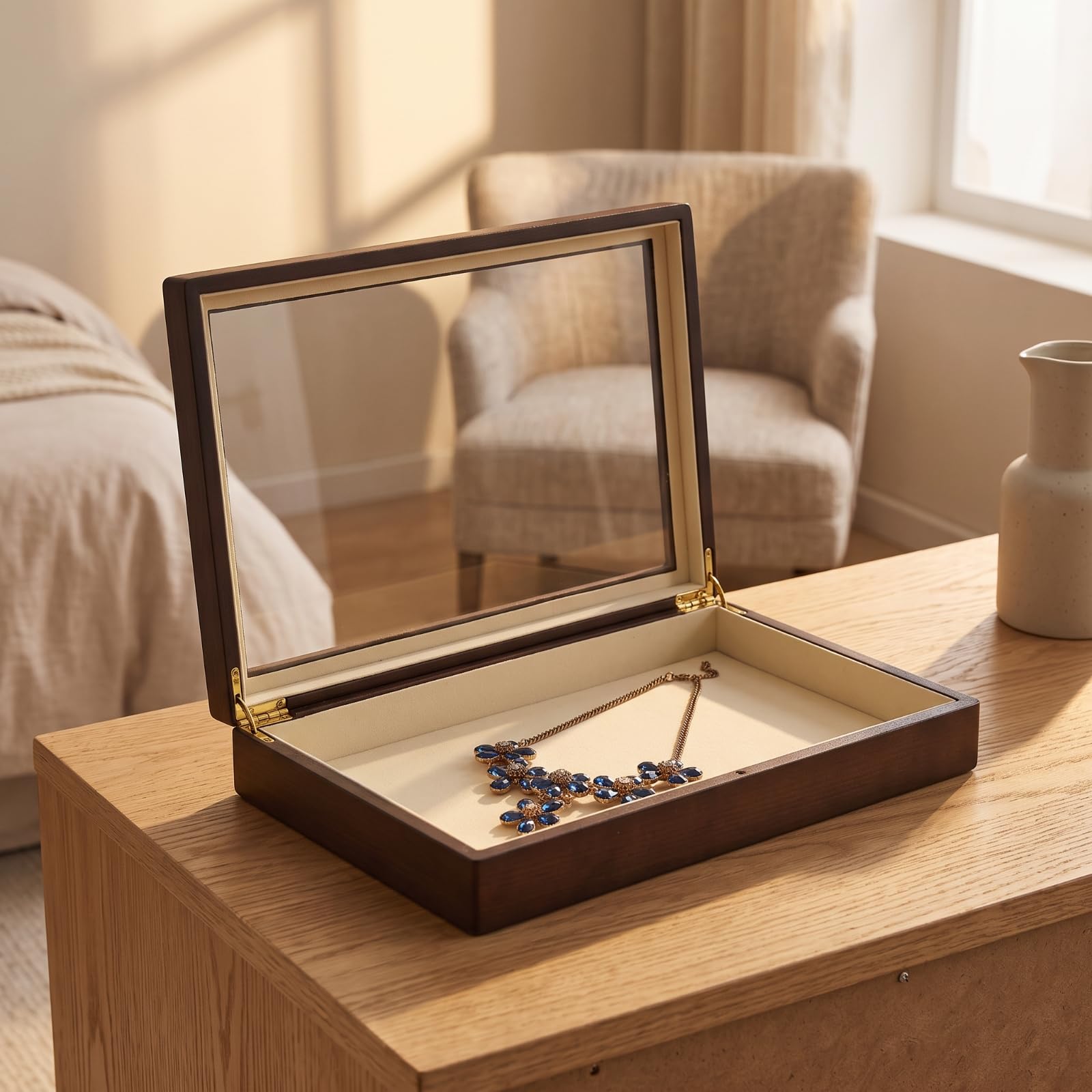 TISHITA Présentoir Bijoux Boîte Vitrine Plateau Organisateur Vitrine Bijoux Plateau Compartiments Coffret Terrasse Couvercle Verre Transparent Style Raffiné, color to 2, Élégant