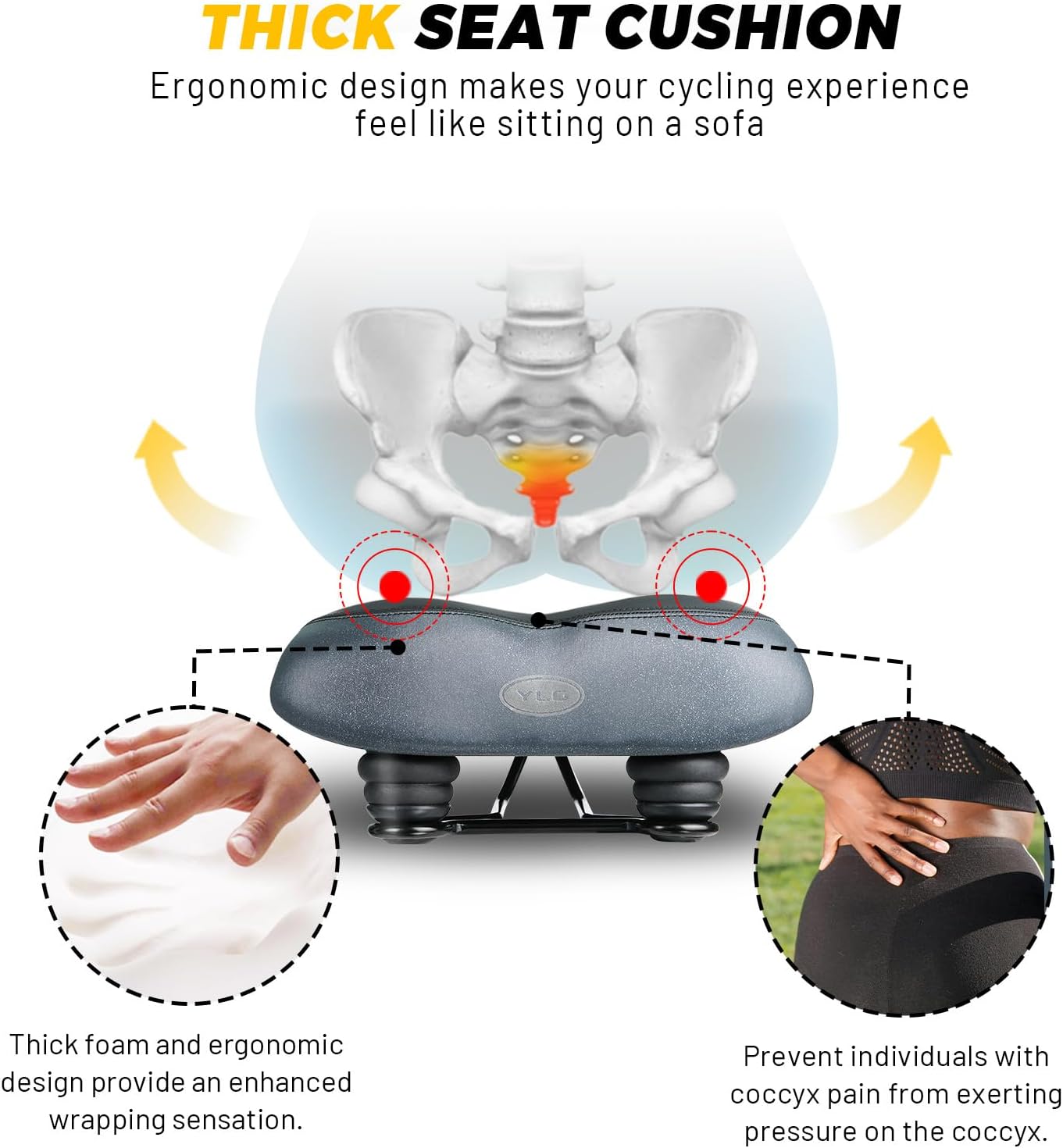 YLG Noseless Bike Seat for Men and Women, Comfort Seat Cushion Compatible with Peloton, Road or Exercise Bikes, Wide Saddle Replacement with Dual Shock Absorbing Balls Thick Foam Waterproof