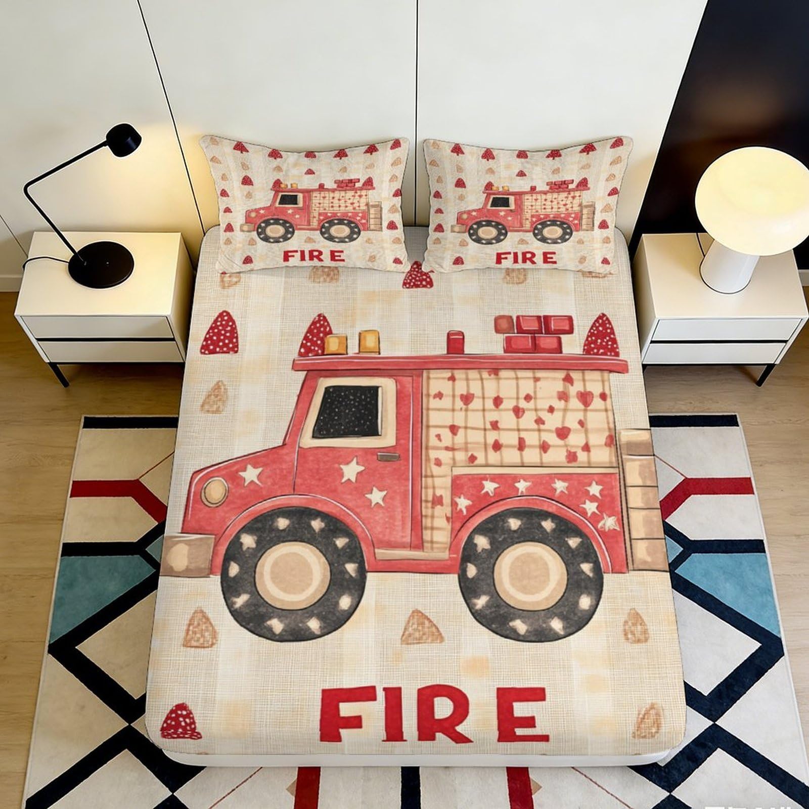 3D Printed Fire Truck Fitted Sheet Microfiber Soft Breathable Cartoon Vehicle Bed Cover for Bedroom Guest Room Decor 90x200x25cm
