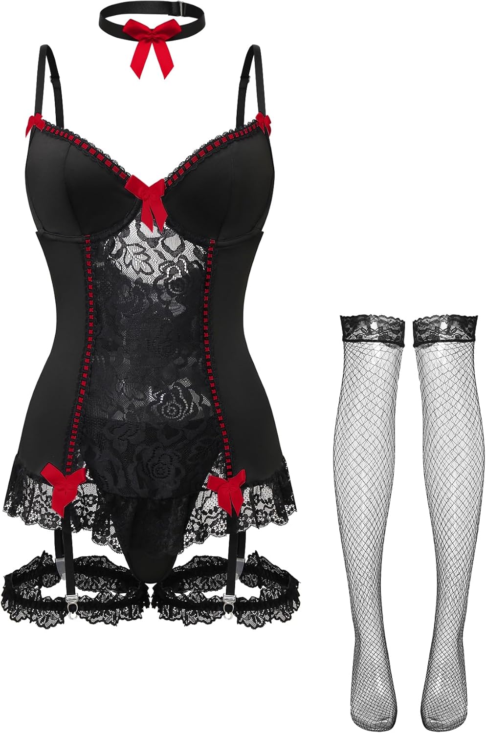 Lilosy Sexy Stocking Garter Belt Bows Floral Lace Babydoll Corset Push Up Teddy Lingerie Set with Panty - Image 5