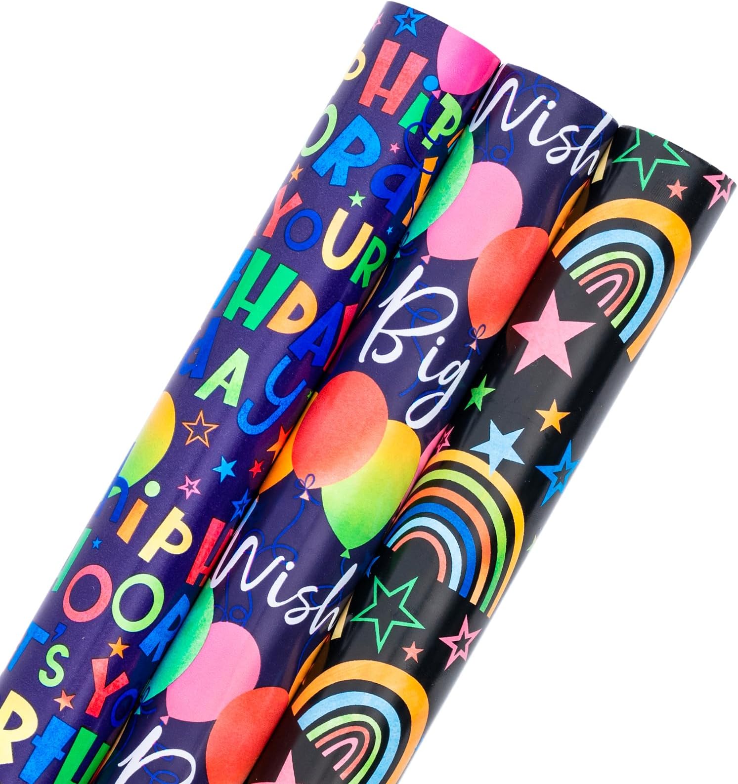 RUSPEPA Birthday Wrapping Paper Kids, Mini Roll, for Birthday, Holiday, Party and More, 17 inches x 10 feet per Roll, Total of 3 Rolls, Balloon and Rainbow Design