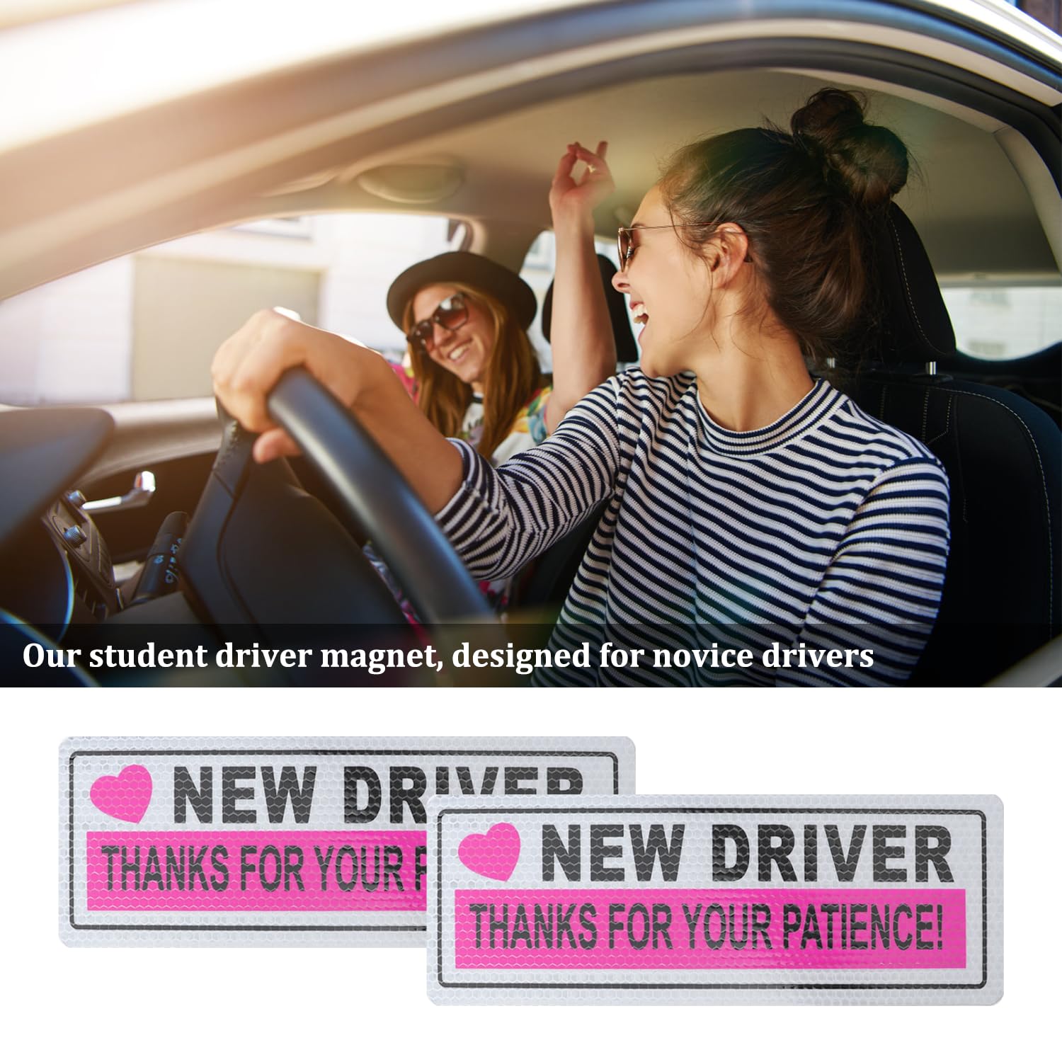 2-Pack Student Driver Magnets - Reflective, Magnetic Car Decals For New Drivers, Pink