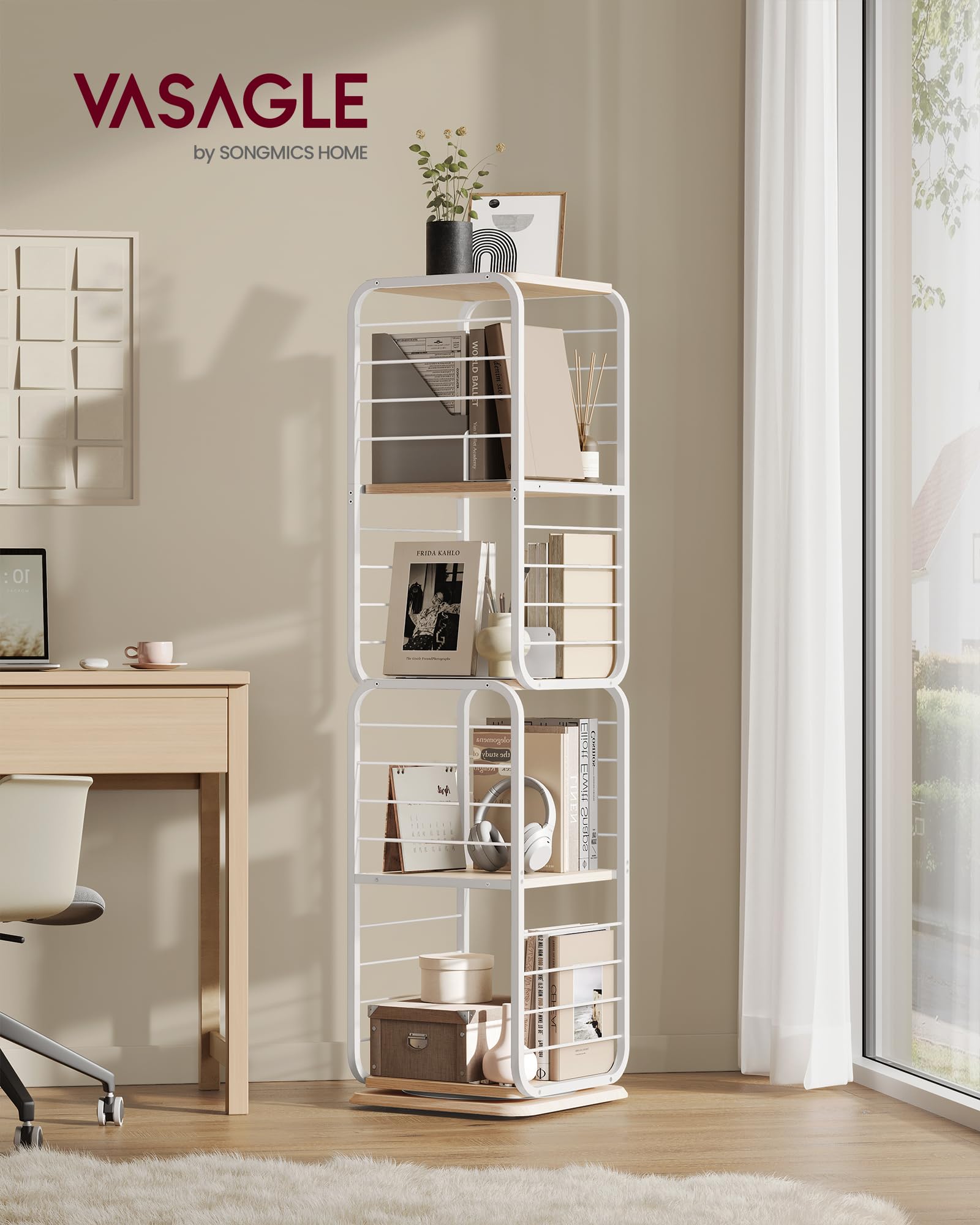 VASAGLE Bücherregal 4 Ebenen, drehbares Regal mit Buchstützen, Standregal für kleine Räume, Aufbewahrungsregal, Eckregal, Stahlrahmen, naturbeige-wolkenweiß LLS127W67