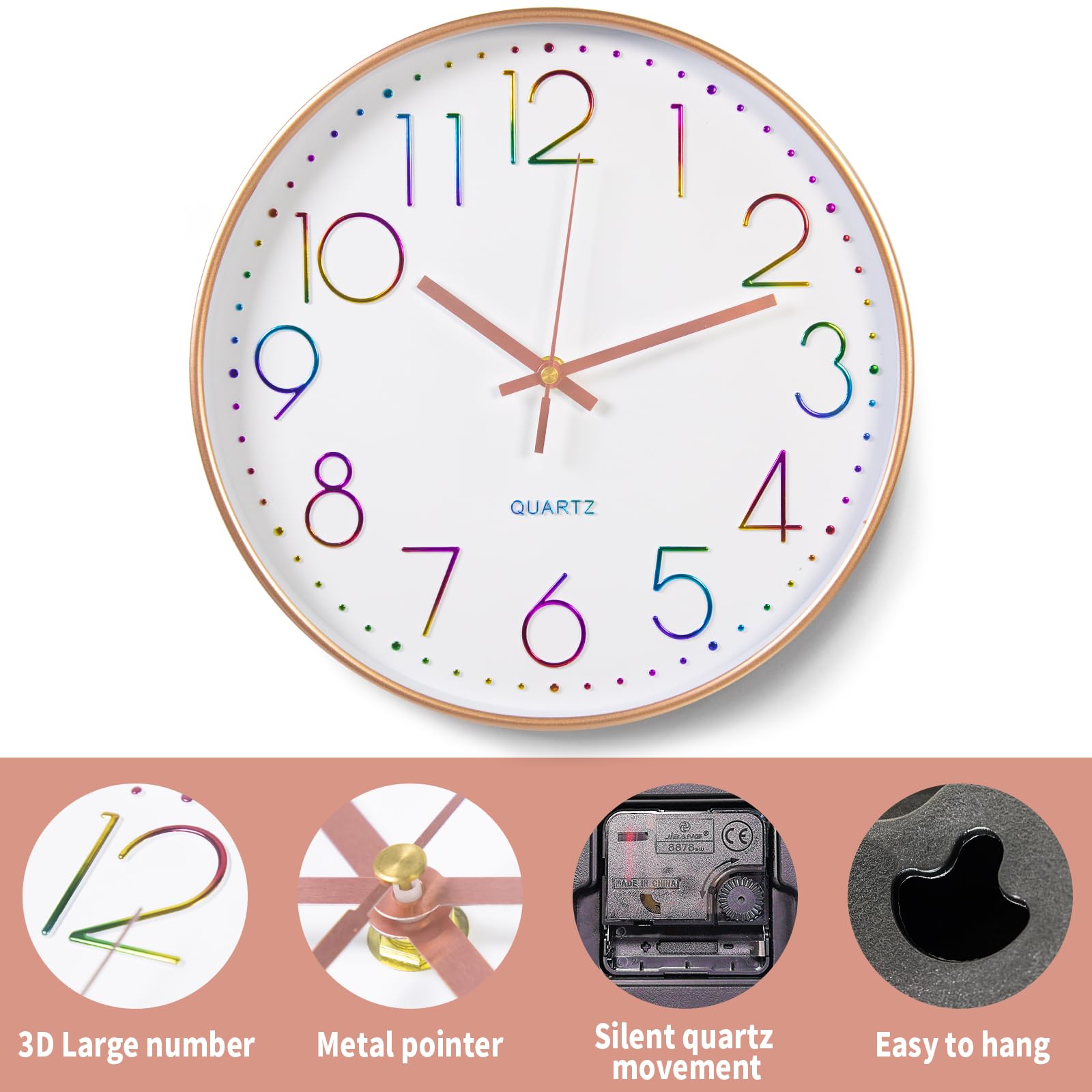 Horloge Murale Silencieuse 30cm Ronde Chiffres Arabes Quartz pour Chambre Salon Cuisine