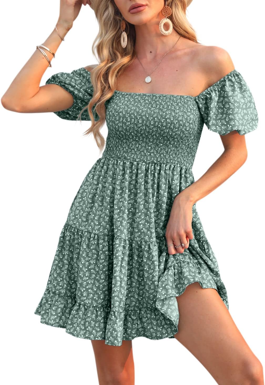 Veatzaer Women's Puff Sleeve Square Neck Smocked Babydoll Dress Boho Floral Print Off Shoulder Ruffle Mini Short Dress - Image 2