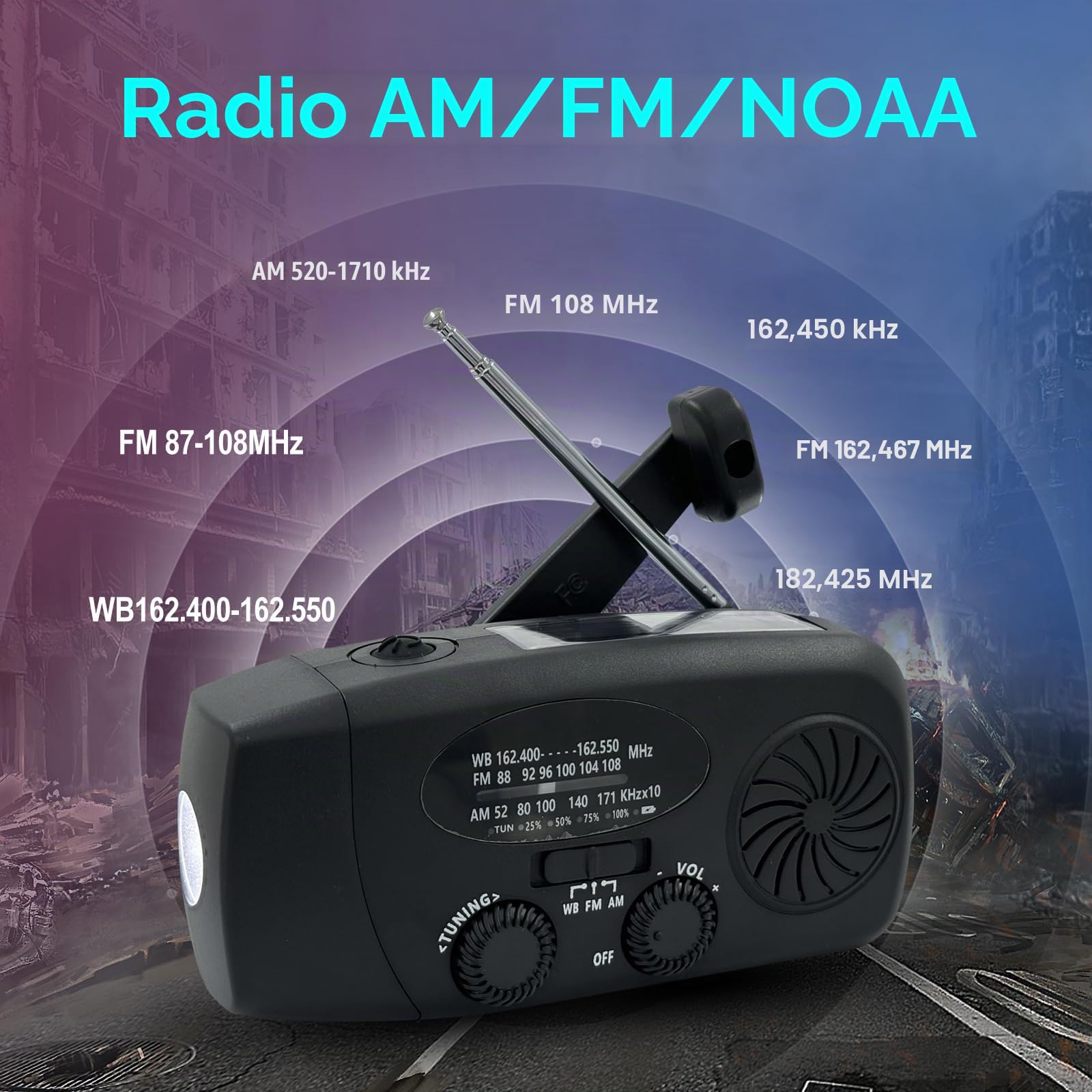 Radio d'urgence à manivelle avec lampe de poche LED pour urgence, AM/FM NOAA Radio météo portable avec chargeur de téléphone portable 2000 mAh, charge USB et alimentation solaire pour camping, urgence