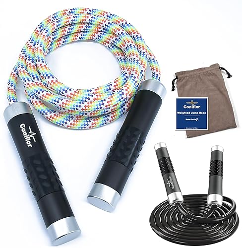 Weighted Jump Rope, 1LB Tangle-Free Ball Bearing Rapid Speed Skipping Rope for Men Women, Adjustable 9mm Cotton & PVC Rope with Alum Handle for
