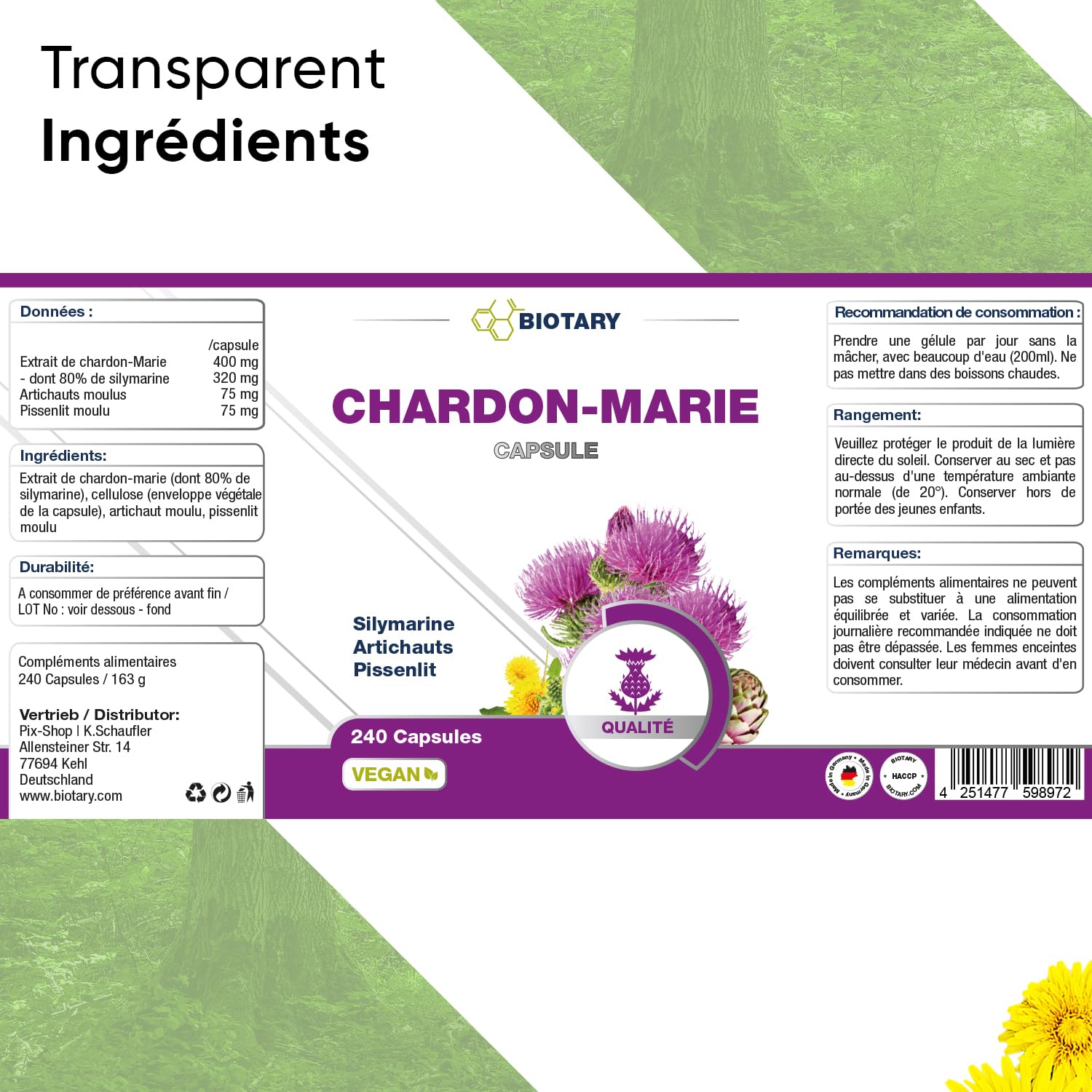 Chardon-Marie 240 Gélules avec Extrait à 80% de Silymarine Artichaut et Pissenlit Pilulier Inclus Réserve de 8 Mois 100% Végan Formule Pure Qualité Contrôlée