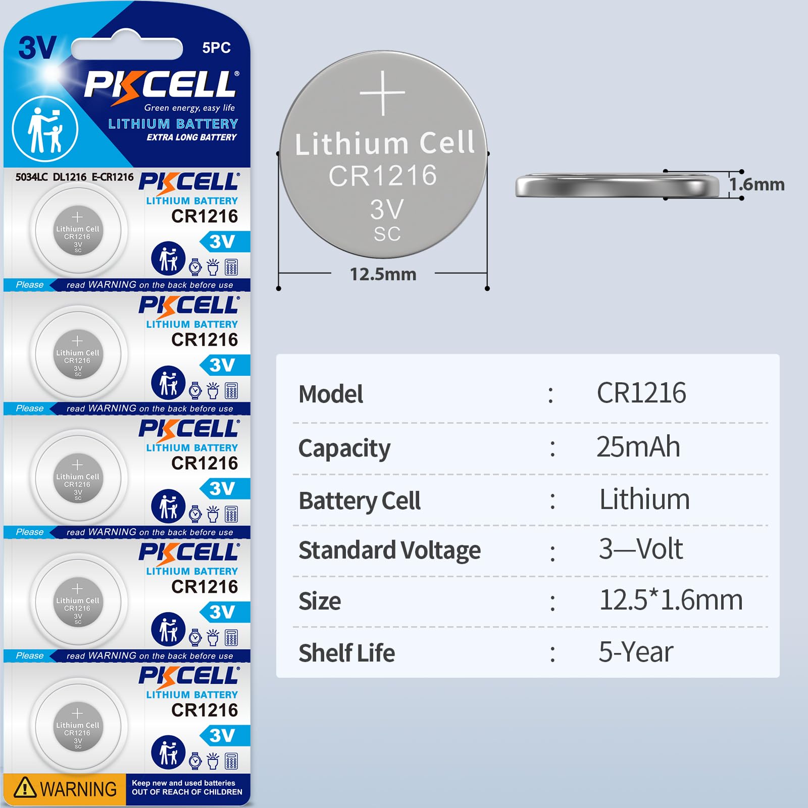 PKCELL 10 Pack CR1216 Watch Battery CR1216 3V Lithium Coin Cell Battery