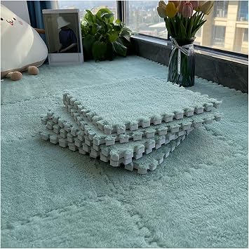 12"X12" Plush Interlocking Carpet Tiles, 10Mm Thick Foam Mat, Puzzle Play Mat, Soft Crawling Playing Floor Mat, Anti-Slip and Anti-Fall,Green,30Pcs