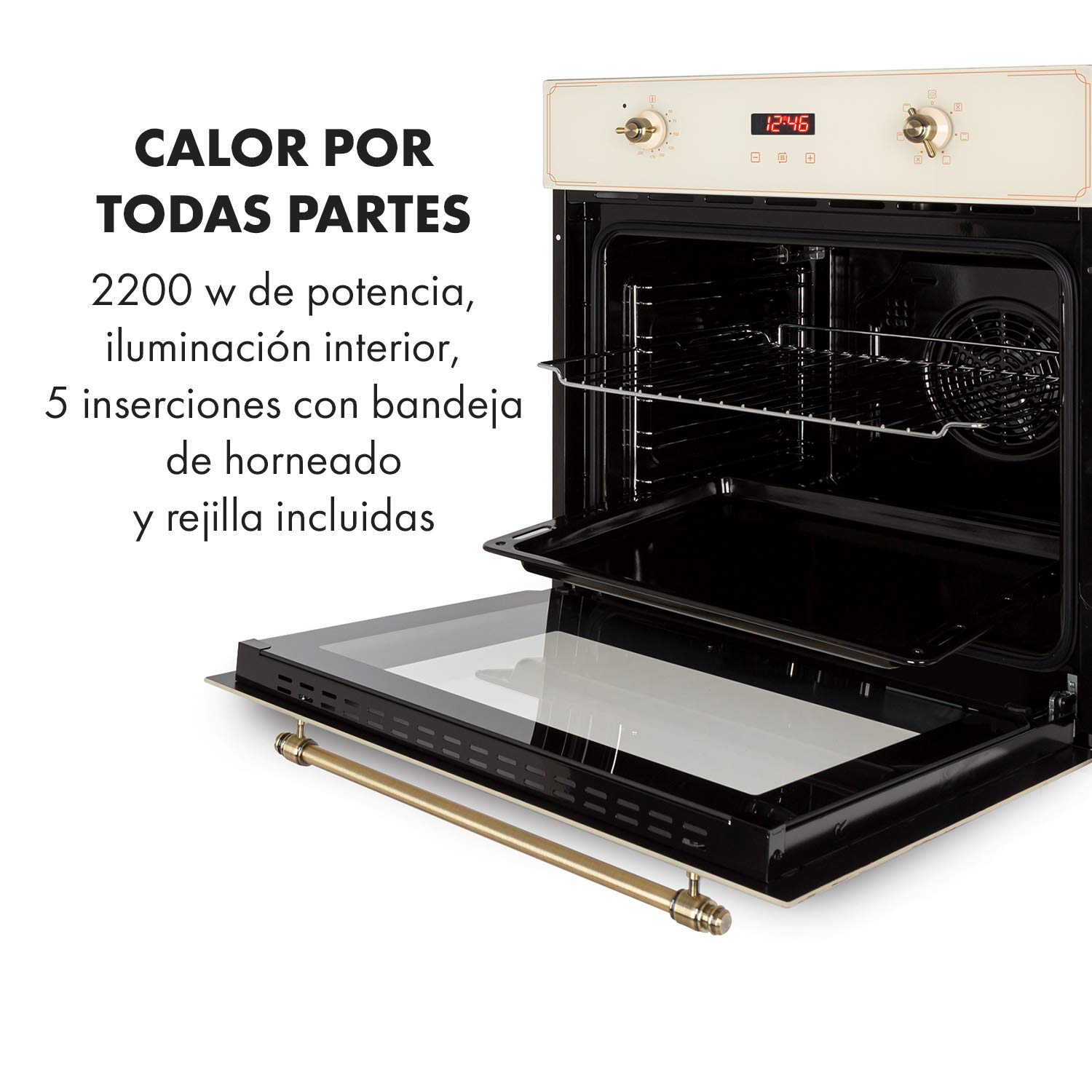 Klarstein Elizabeth - Horno eléctrico encastrable, Potencia 2.200 W, Circulación de aire, Función grill, Temporizador, Voluen 70 L, 5 ranuras, 50-250 °C, Iluminación interior, Pantalla digital, Crema