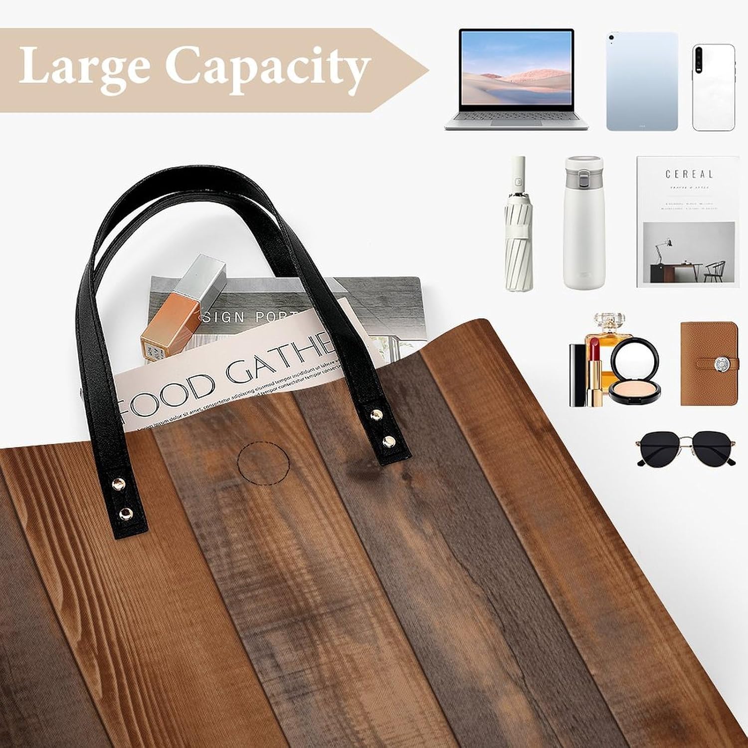 Brown Wooden Handbags Large Capacity, Tote Bag Stylish Slouchy, Shoulder Bags for Work Beach Travel And Shopping Grocery.