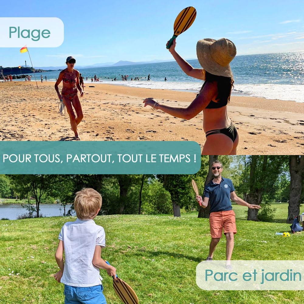 Raquette de Plage | Frescobol Beach Tennis | Jeu de Plage Bois | Jeu de Raquette de Plage Pro | Set Raquettes Frenchie 2 Raquettes 2 balles 1 Sacoche néoprène