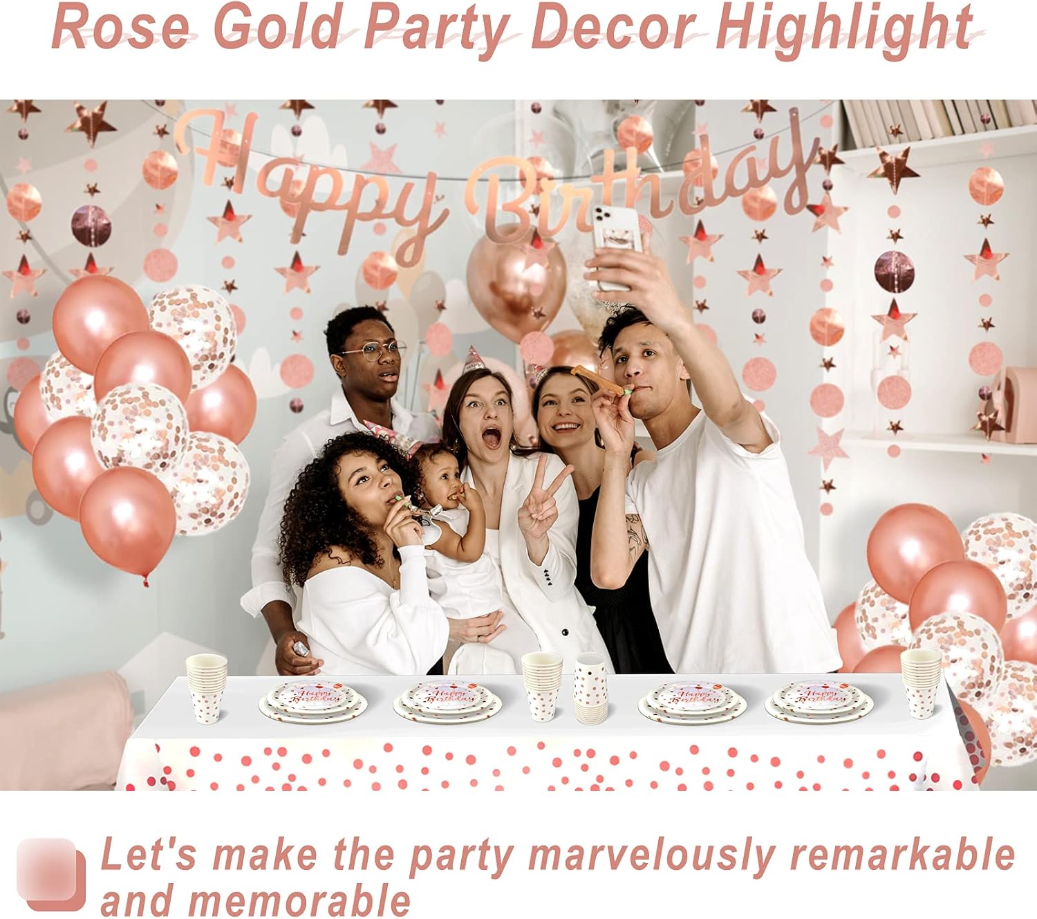 Rose Gold Birthday Party Supplies for 20 Guests - Rose Gold Happy Banner, Glitter Circle Dot Garland with Party Plates and Cups, Tablecloth, Balloons for Women Girl Birthday Party