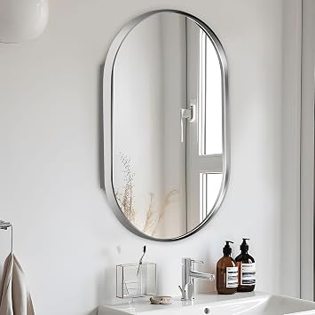 SogesPower 34x20 Oval Medicine Cabinet with Mirror for Bathroom,Wall-Mounted Metal Medicine Cabinet with 2 Adjustable Shelves,Bathroom Mirror with Storage, Silver