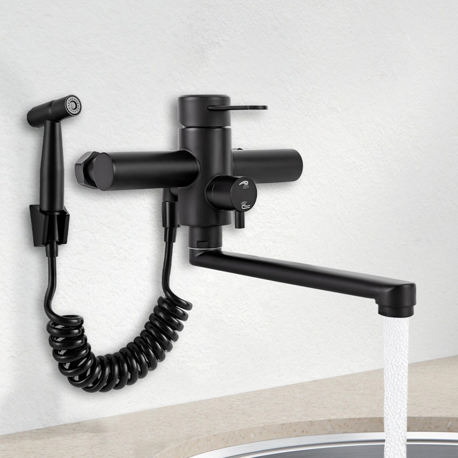 Grifo de cocina negro de acero inoxidable montado en la pared, multifunción giratorio 360°, grifo de pared para cocina con pistola pulverizadora, monomando mezclador monomando para fregadero con 3