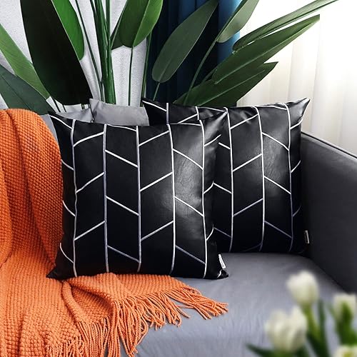 Miniatura 2 de BRAWARM Fundas de almohada de piel sintética de 22 x 22 pulgadas, fundas de almohada de cuero blanco y negro, paquete de 2, almohadas decorativas de