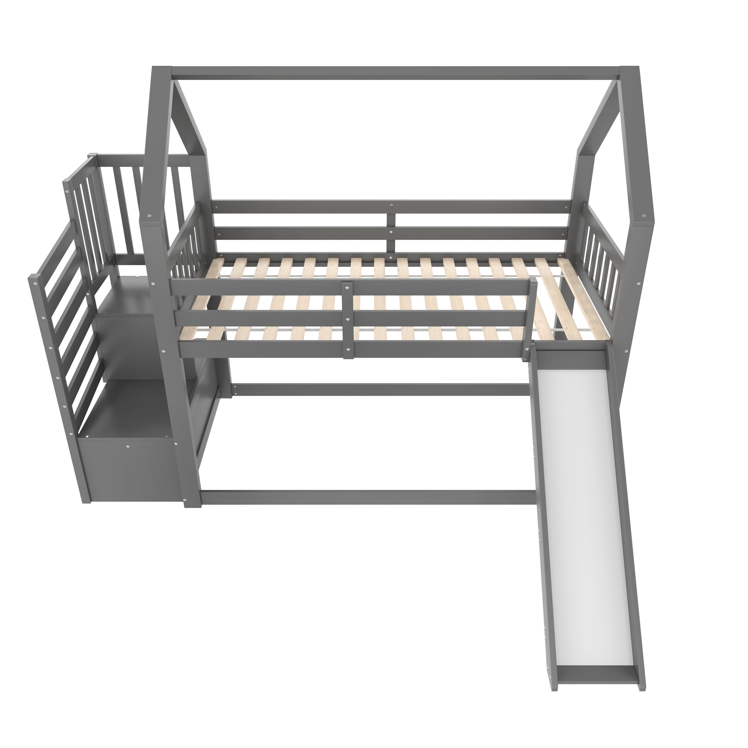 Etagenbett mit Stauraumtreppe und Rutsche, Hausbett(Ohne Matratze), Kinderbett mit Geländer, geeignet für Kinder, Jugendliche (Grau, 90X200cm)