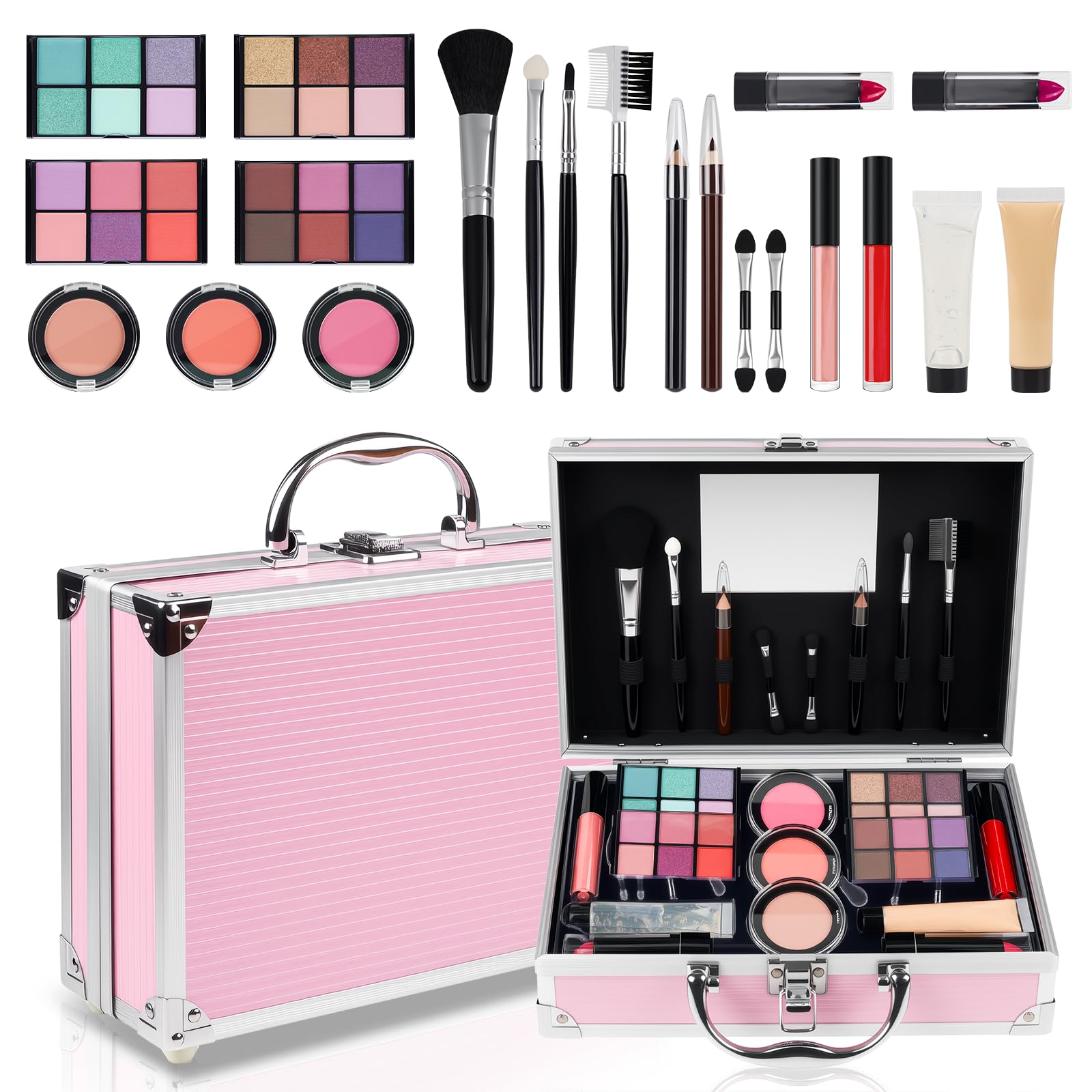 Makeup Kit for Teen Girls, Complete Cosmetic Set with Eyeshadow Palette, Lipstick, Blush, Lip Gloss, Brushes, Gifts Pink