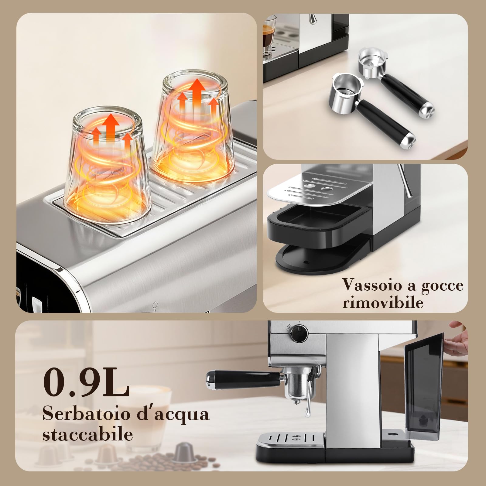 Aigostar Macchina Caffè Espresso 20 Bar per Capsule e Caffè Macinato, 0,9 L | Portafiltro, Schermo touch, con vaporizzatore latte, 1 o 2 tazze, 1350 W, inox, ideale per Espresso, Cappuccino e Latte