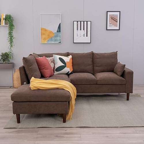 Miniatura 8 de Panana Sofá modular moderno de 5 plazassofá modular en forma de L de piel sintética negra, con puerto USB integrado (brazo cuadrado y lino marrón)