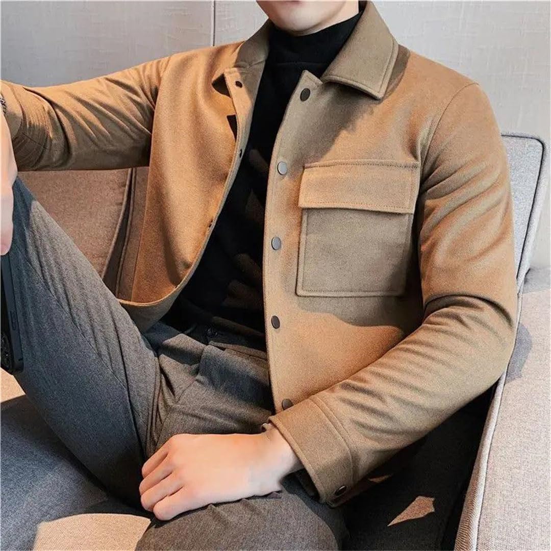 Men's Wool Blend Jacket Slim Fit Short Trench Coat Fall Winter Business Casual Warm Outerwear