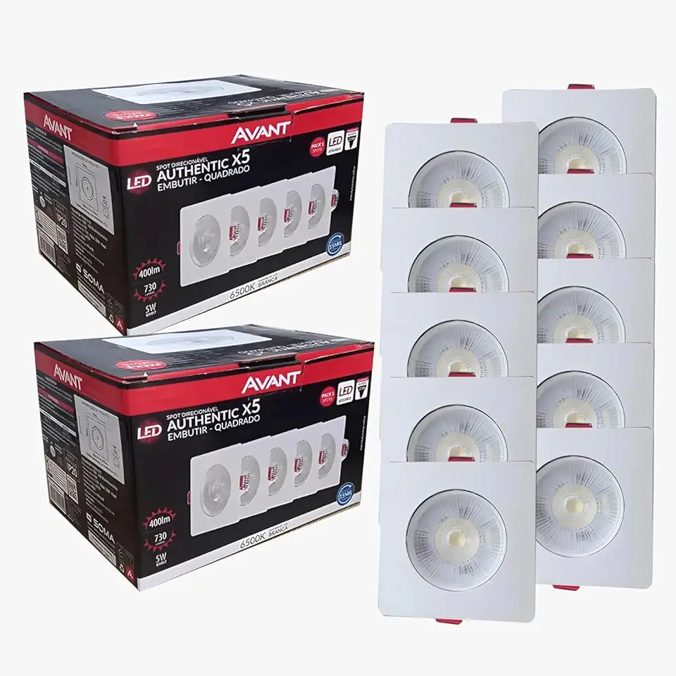 Kit 10 Spots LED Embutir Quadrado Avant 5W 6500k - Iluminação para Gesso, Sala e Cozinha/Direcionável, Luz Branca, Bivolt