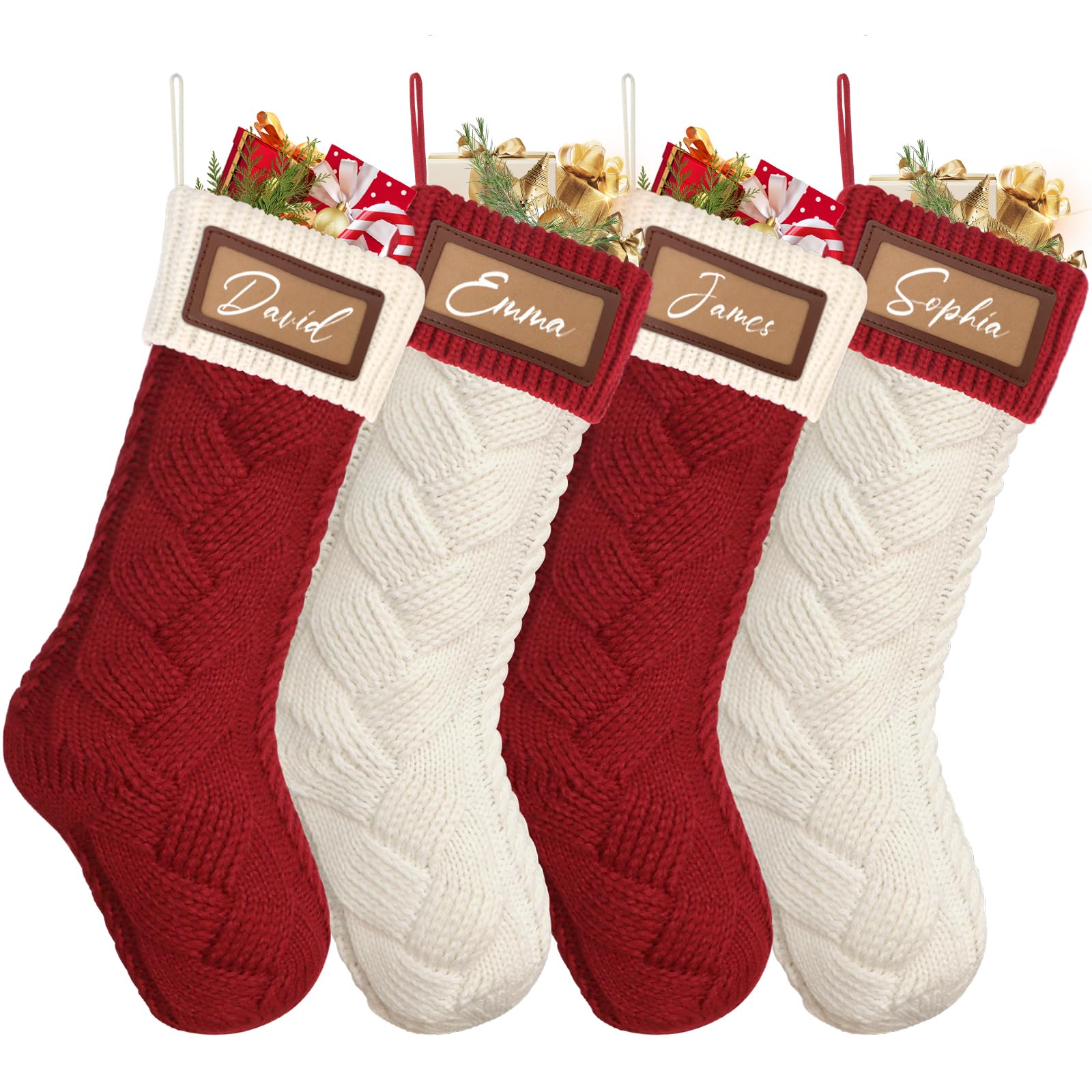 Dremisland 4PCS Personalized Knitted Christmas Stockings 18” Large Cable Knitted Customized Stocking Red White Christmas Stocking Fireplace Hanging Sock Gift Bag for Holiday Xmas Party Family Decor
