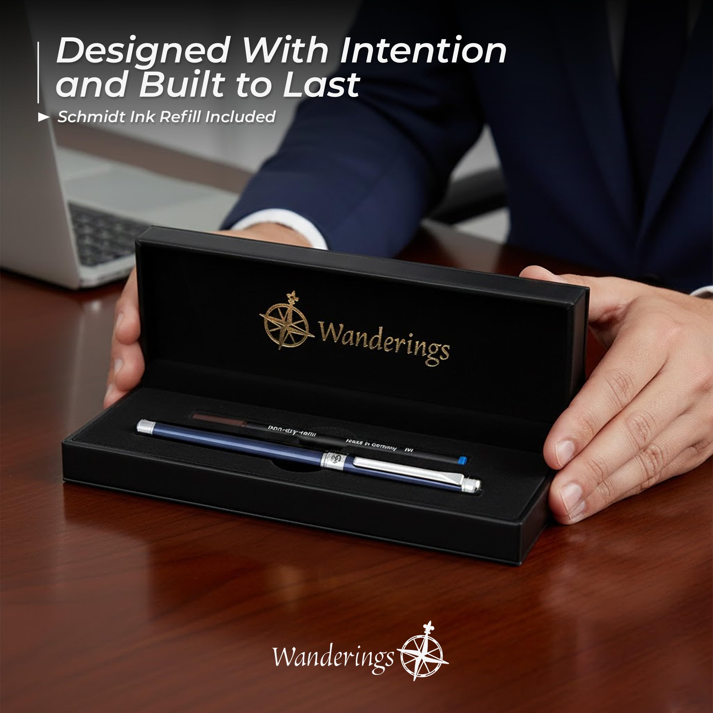 WANDERINGS Premium Rollerball Pen mit Deutscher Tinte – Perfekt Ausbalanciert für ein Hervorragendes Schreiberlebnis – Chrom-Akzente – Blue Breeze – Inklusive Schmidt-Refill im Geschenk-Etui