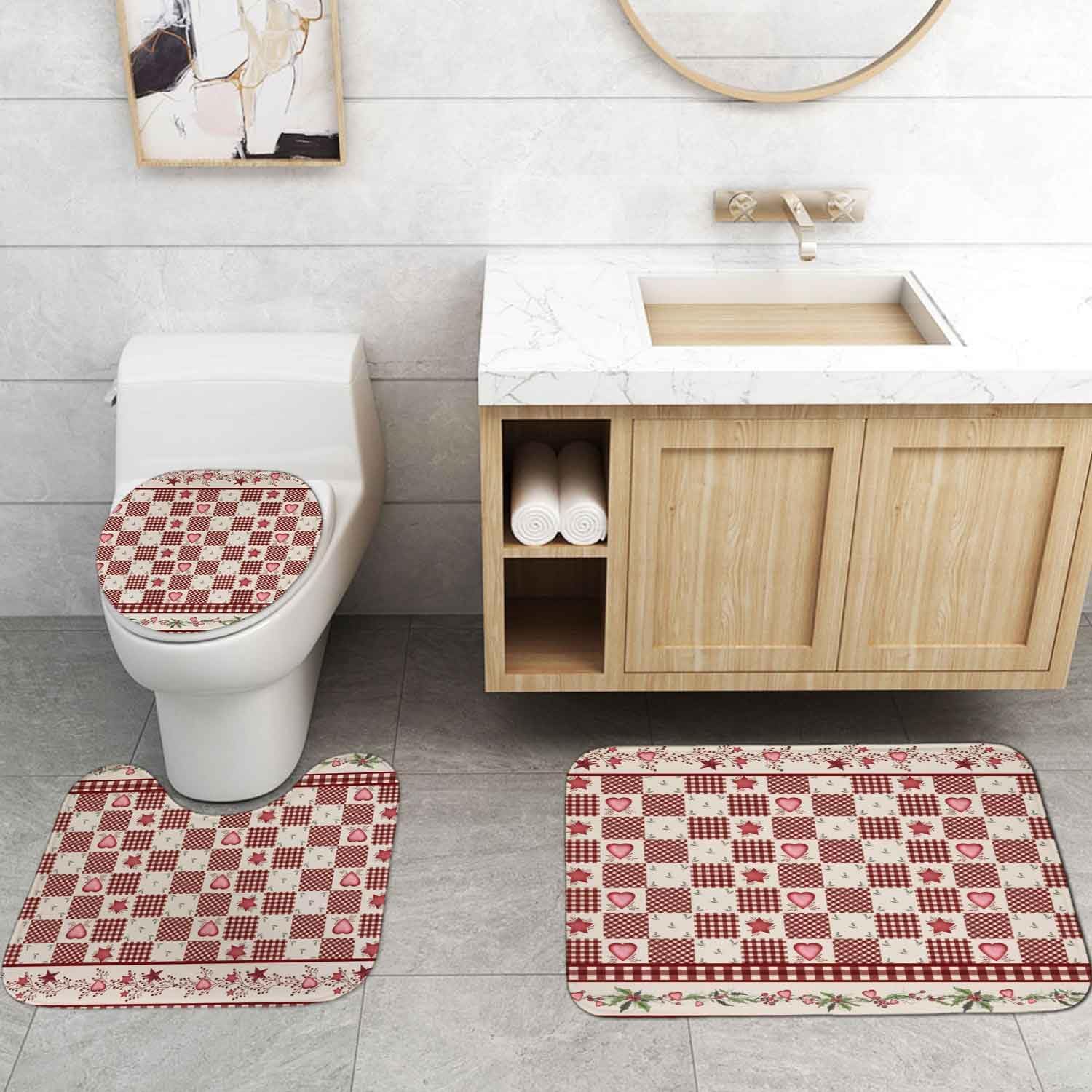 4PCS Valentine's Day Shower Curtain Sets with Rugs, Waterproof Fabric Shower Curtain, Patchwork Beige Red Plaid Love Heart Western Texas Star Primitive Berry Rustic Farmhouse Bathroom Decor