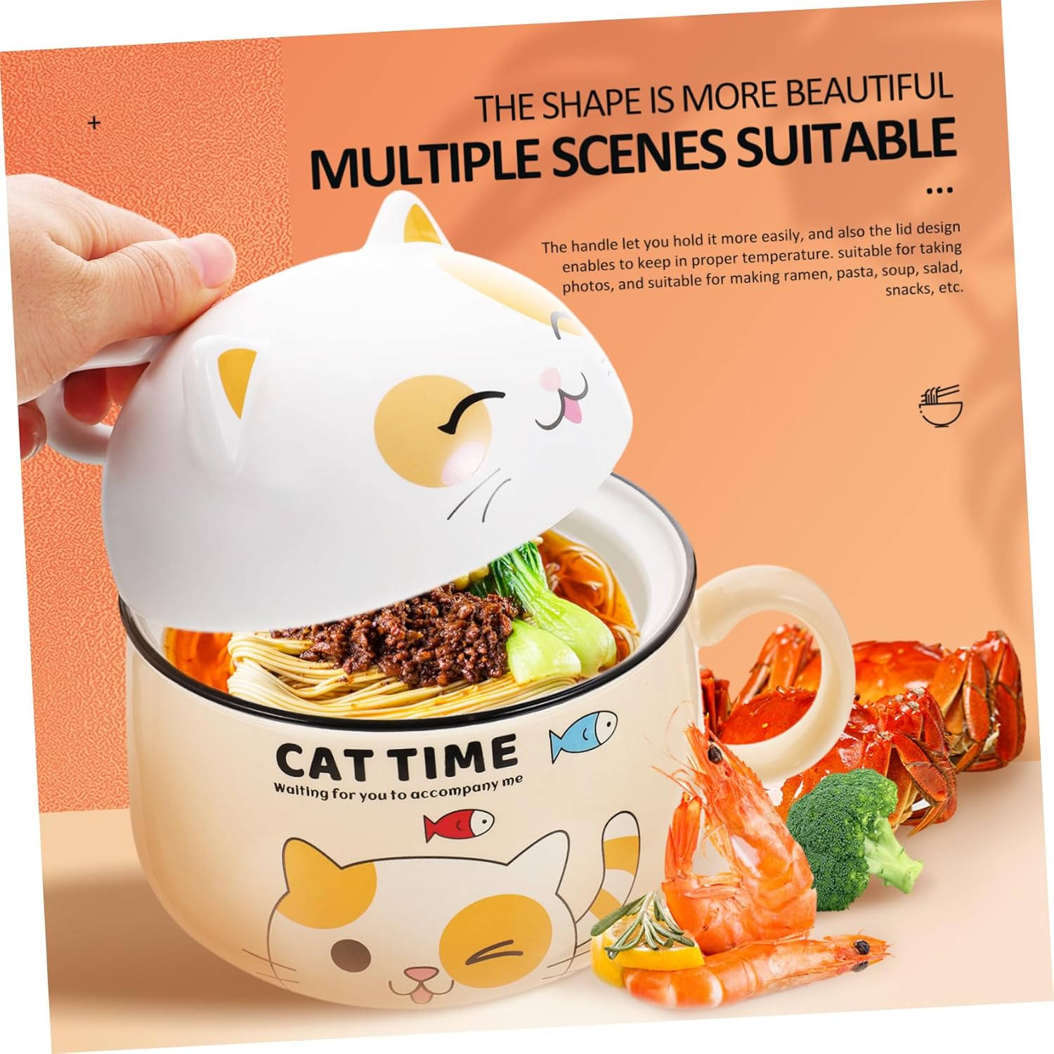 PRETYZOOM 1020mL Ceramic Cat Bowl Handle Cartoon Noodle Bowl for Cats Multi-Purpose Soup and Breakfast Dishwasher Safe for PET Feeding