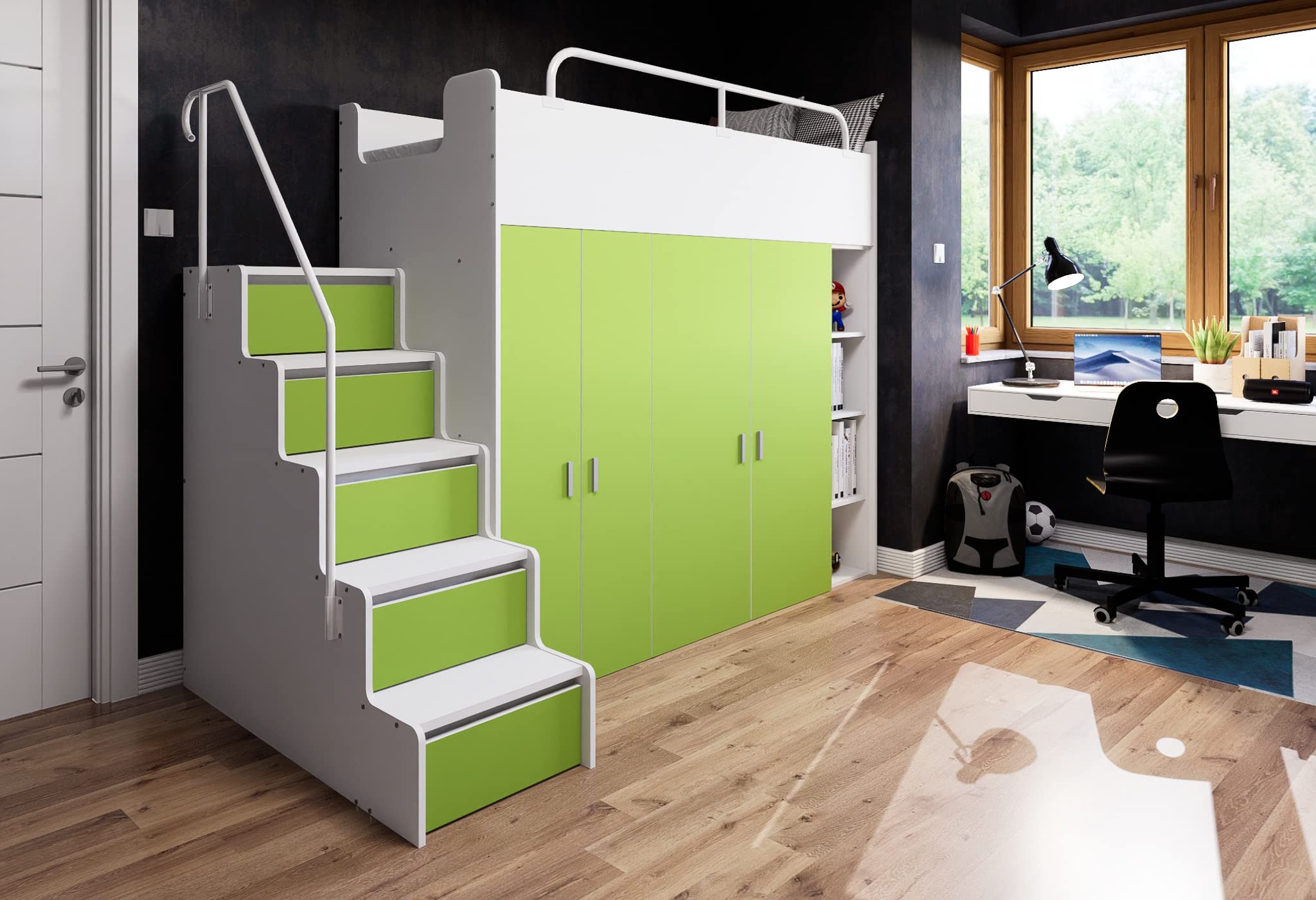 Hochbett Kinderbett JSM-2 80x190 mit Zwei Kleiderschränken, Bücherregal und Treppe Matt Etagenbett Stockbett Jugendhochbett (Graphit)